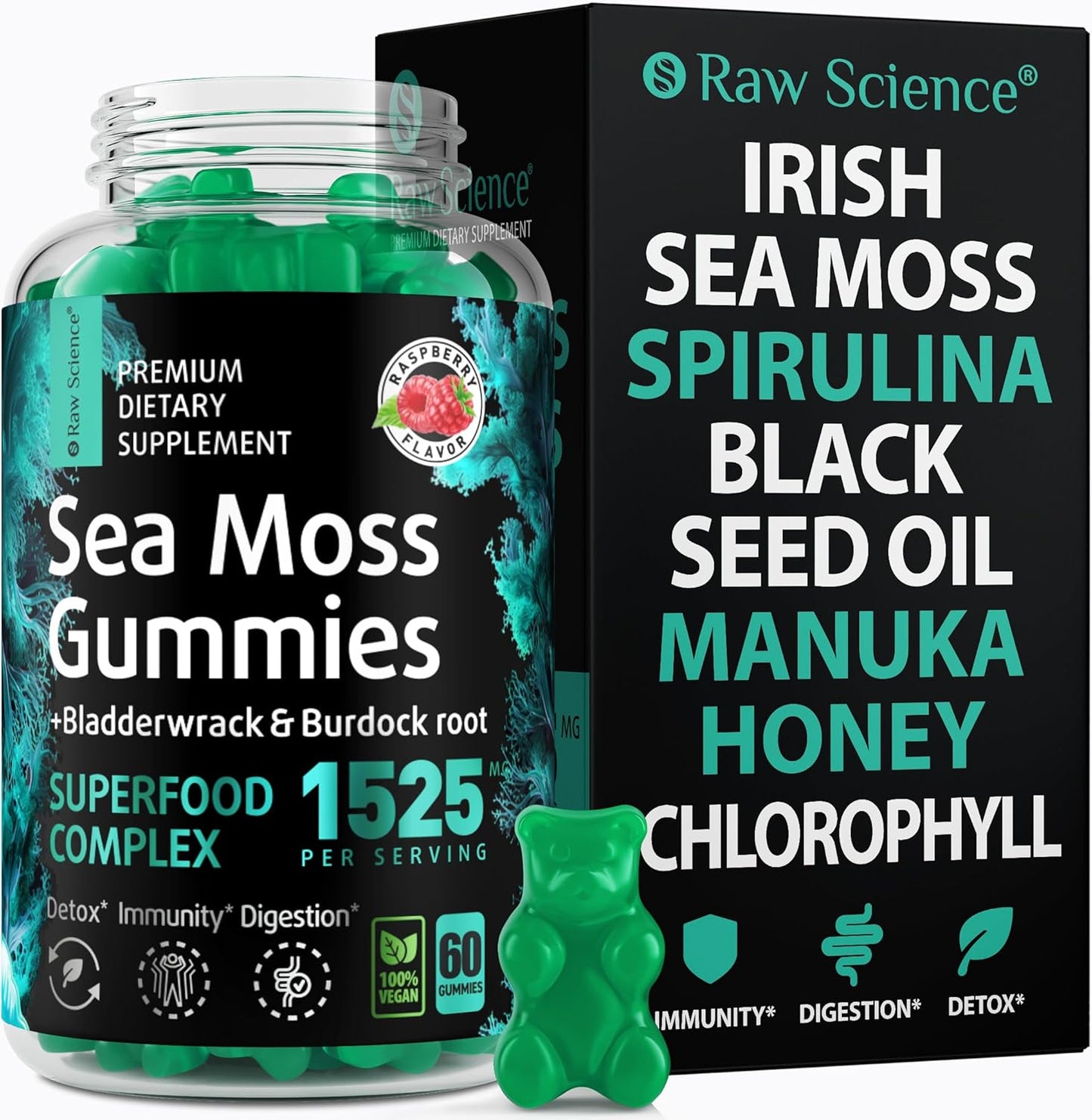 Immune Support Gummies with Sea Moss, Black Seed Oil, and Manuka Honey for Detox and Thyroid Support - 60 Count