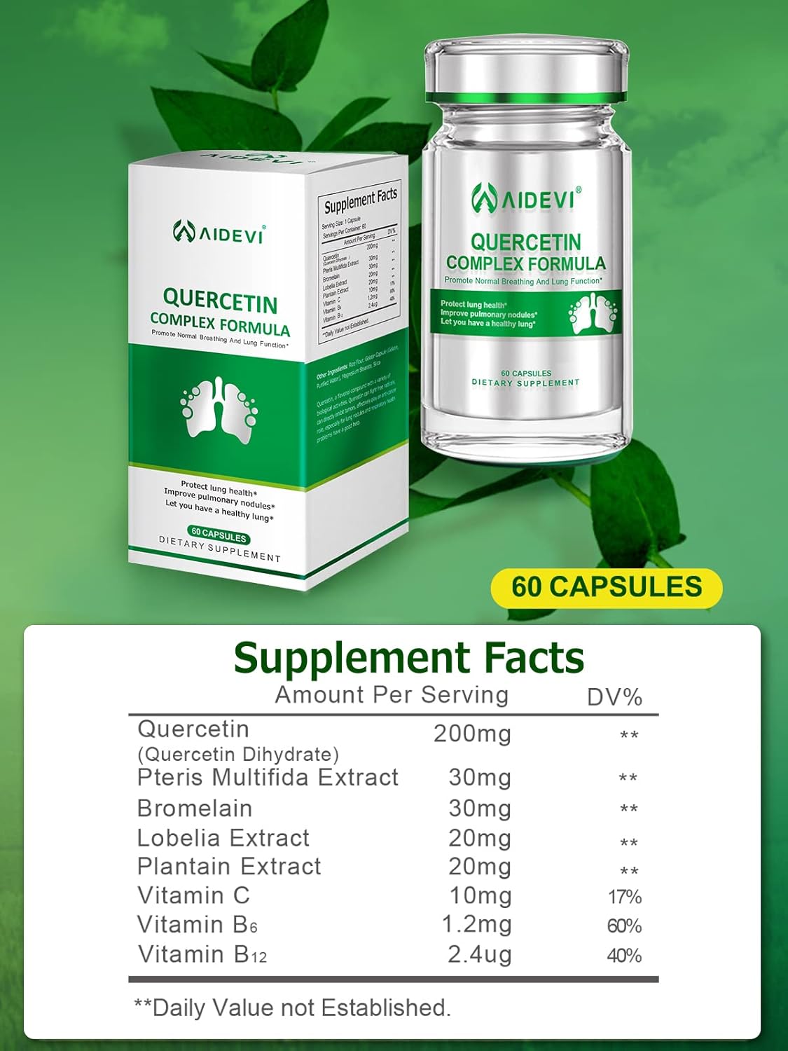 Immune Support & Lung Health Supplement with Quercetin, Bromelain, Vitamin C, & Pteris Multifida Extract - 60 Capsules