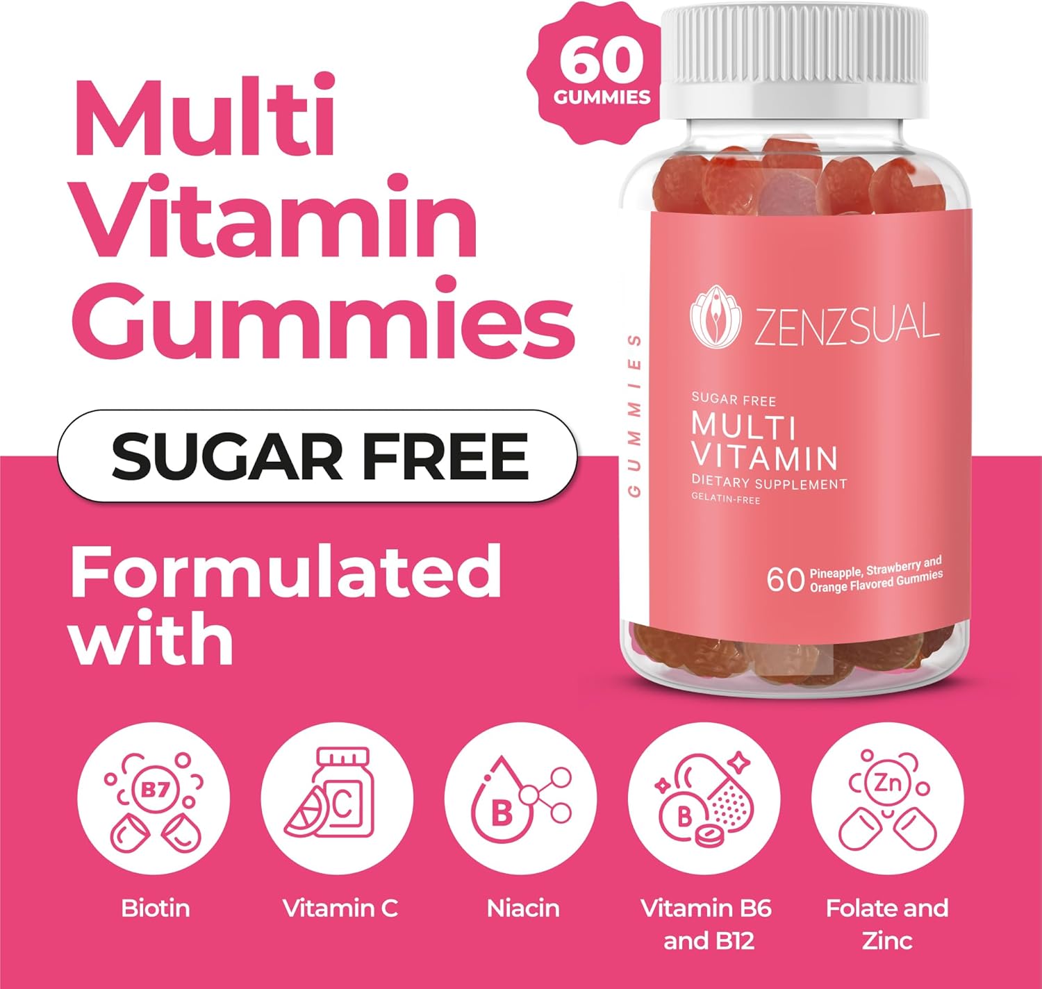 Immune Support Multivitamin Gummies for Adults - Vitamin C, Biotin, Zinc - Tasty, Sugar-Free - 60 Flavored Gummies for Daily Wellness