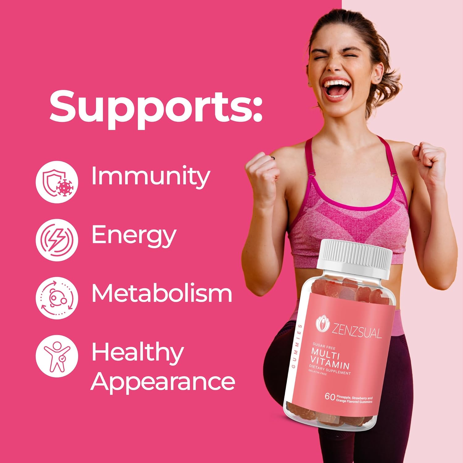 Immune Support Multivitamin Gummies for Adults - Vitamin C, Biotin, Zinc - Tasty, Sugar-Free - 60 Flavored Gummies for Daily Wellness