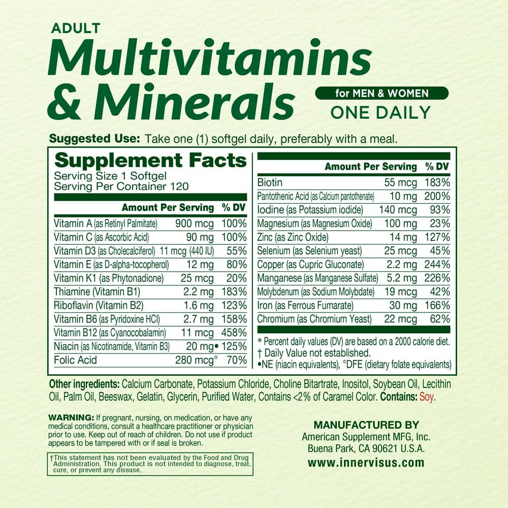 Immune Support Multivitamin & Mineral Supplement for Men and Women - 120 Softgels by INNERVISNUTRITION