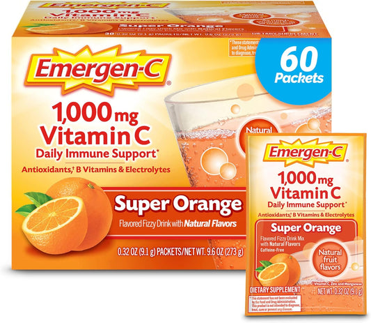 Immune Support Powder with Vitamin C 1000mg, Zinc, B Vitamins, and Electrolytes - Super Orange Flavor - 60 Count Pack