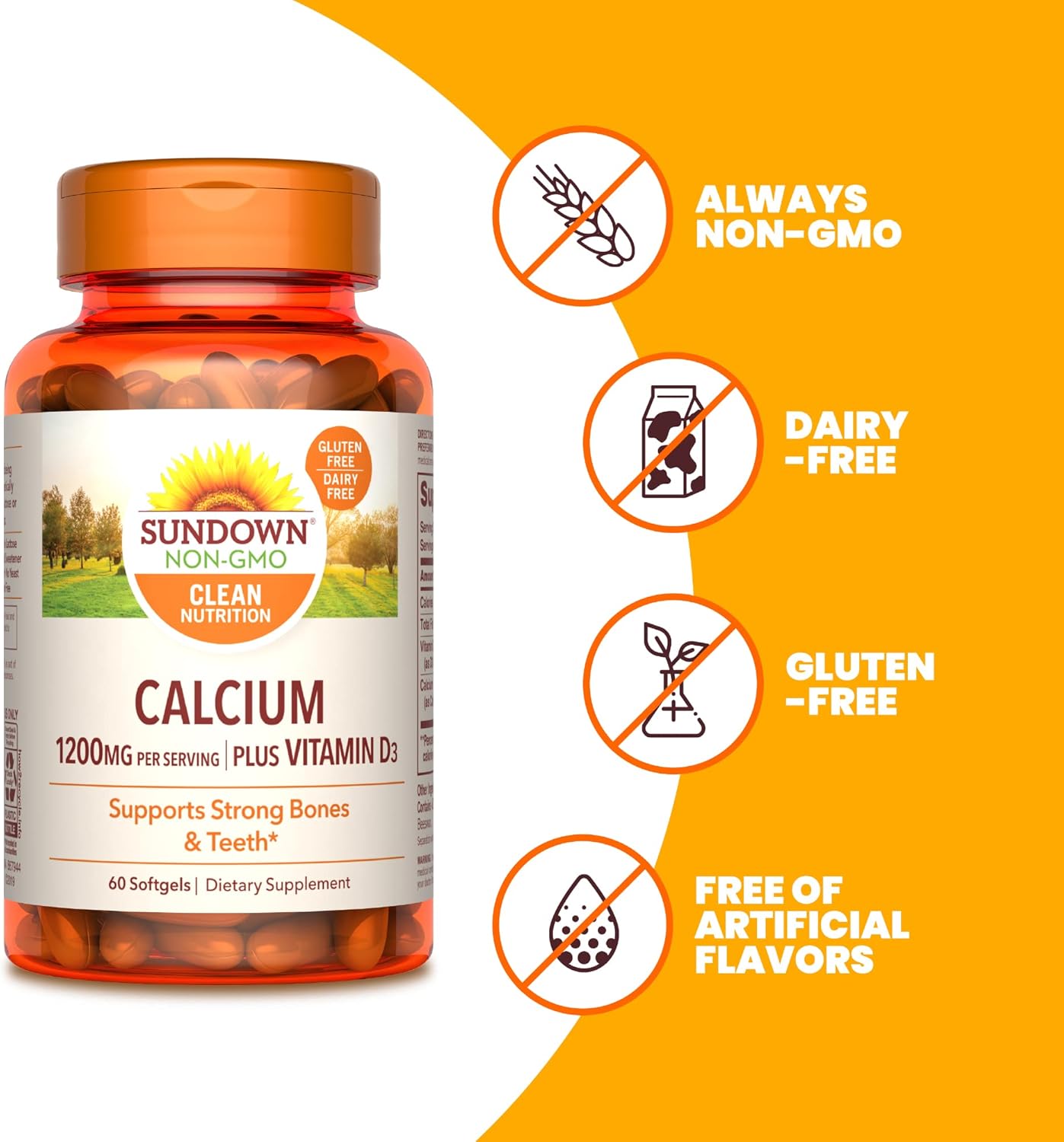 Immune Support: Sundown Calcium 1200 mg with Vitamin D3 for Strong Teeth and Bones - 60 Softgels