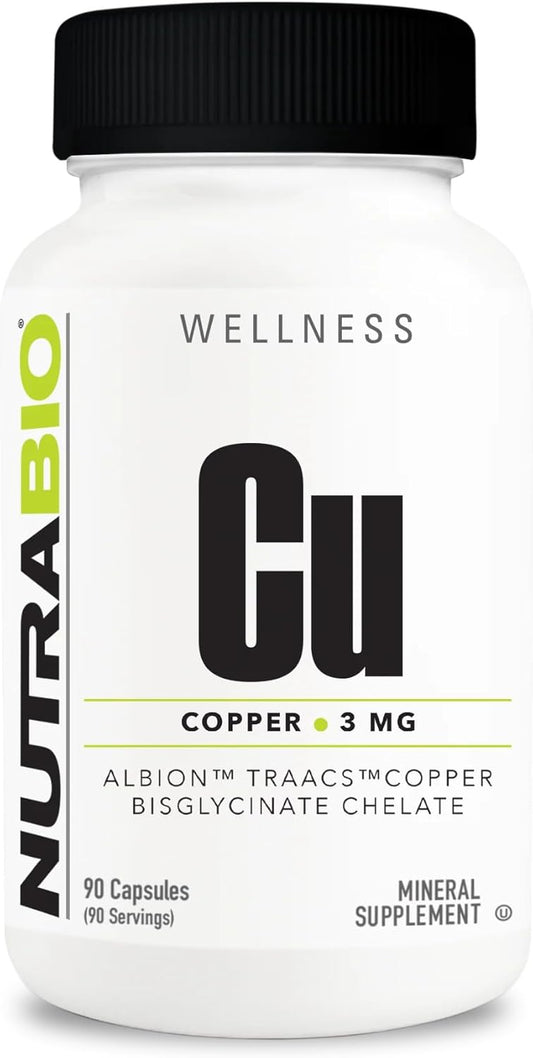 Immune Support Supplement - NutraBio Copper BisGlycinate Chelate (3mg) - 90 Capsules