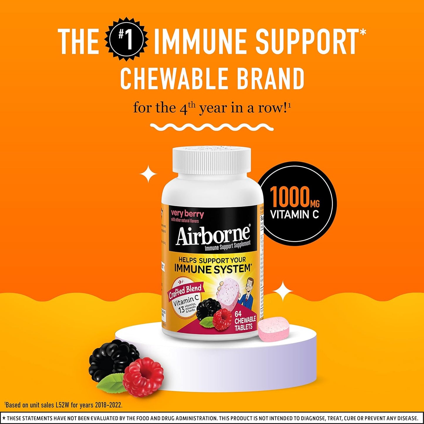 Immune Support Supplement: Airborne 1000mg Vitamin C Chewable Tablets with Zinc, Antioxidants - 64 Tablets, Very Berry Flavor