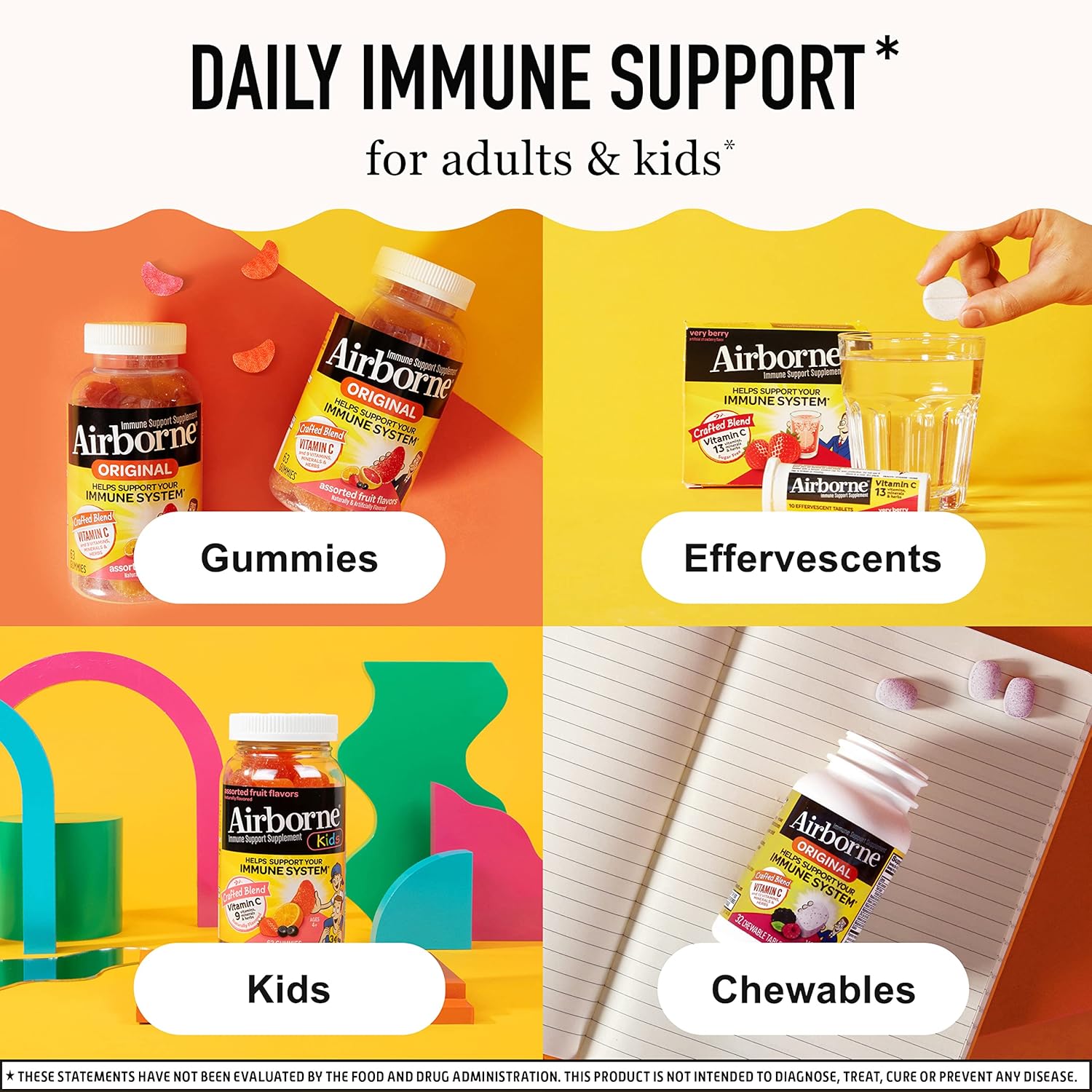 Immune Support Supplement: Airborne 1000mg Vitamin C Chewable Tablets with Zinc, Antioxidants - 64 Tablets, Very Berry Flavor