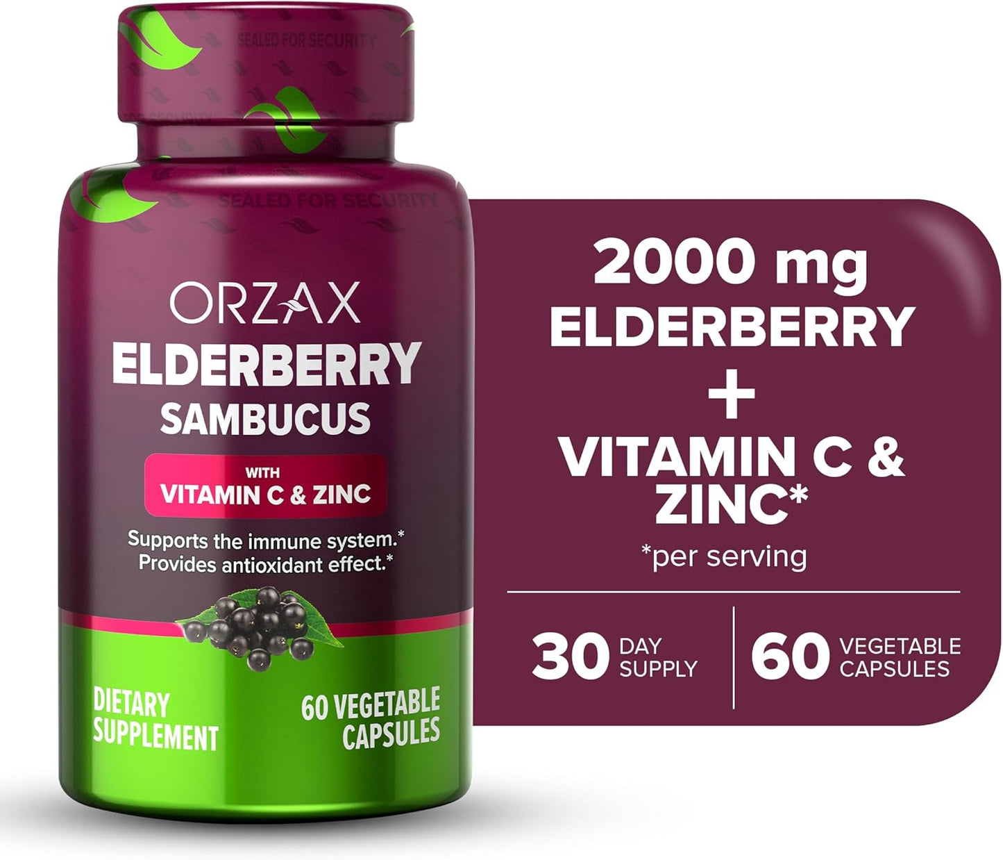 Immune Support Supplement with Elderberry, Vitamin C, and Zinc - Antioxidant Capsules for Women and Men - 60 Vegetable Capsules