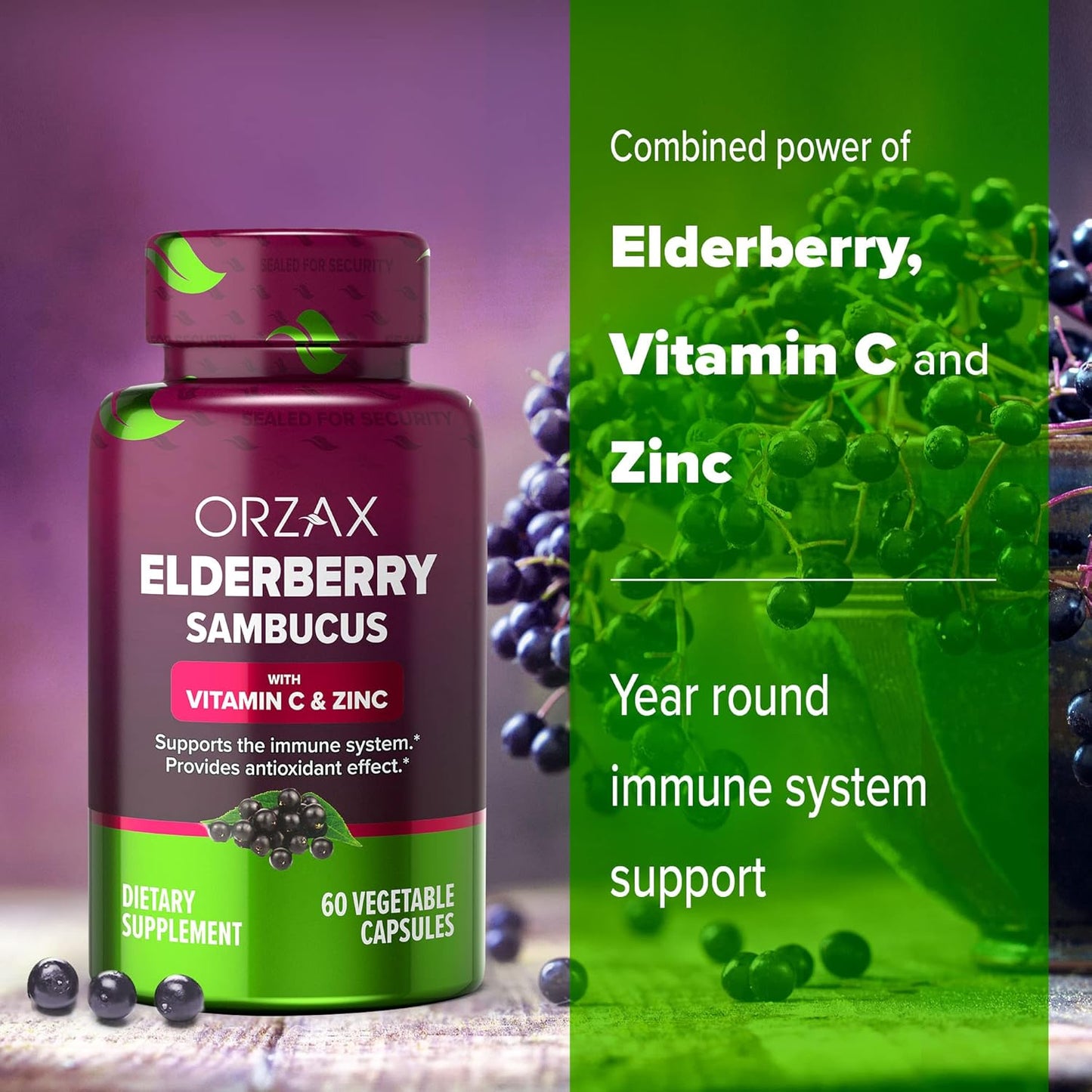 Immune Support Supplement with Elderberry, Vitamin C, and Zinc - Antioxidant Capsules for Women and Men - 60 Vegetable Capsules