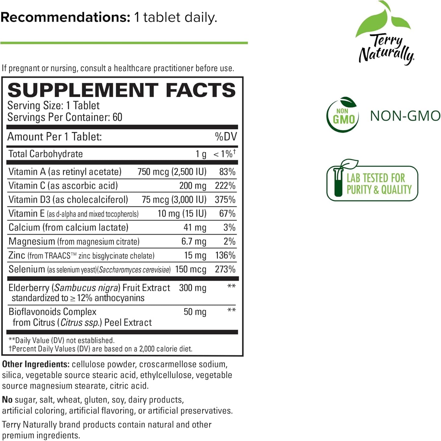 Immune Support Supplement with Elderberry, Zinc, and Selenium for Enhanced Immune Response - 60 Tablets by Terry Naturally ViraPro