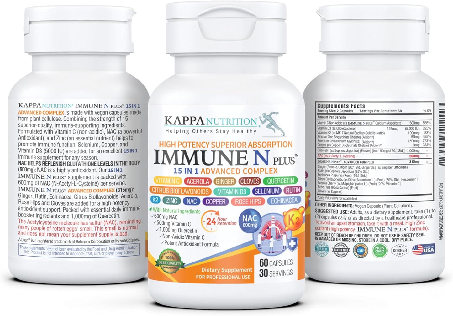 Immune Support Supplement with NAC, Quercetin, Vitamin C, Zinc, Vitamin D3, Selenium, Copper, Acerola, Ginger, and more - 60 Capsules