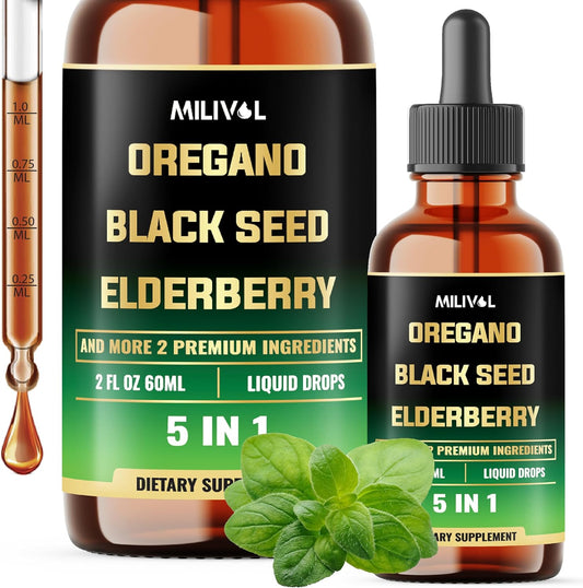 Immune Support Supplement with Oregano Oil, Black Seed, Elderberry, Garlic, Olive Leaf - 2 Fl Oz Liquid Drops