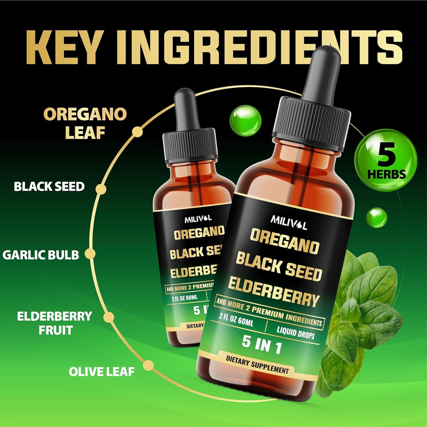 Immune Support Supplement with Oregano Oil, Black Seed, Elderberry, Garlic, Olive Leaf - 2 Fl Oz Liquid Drops