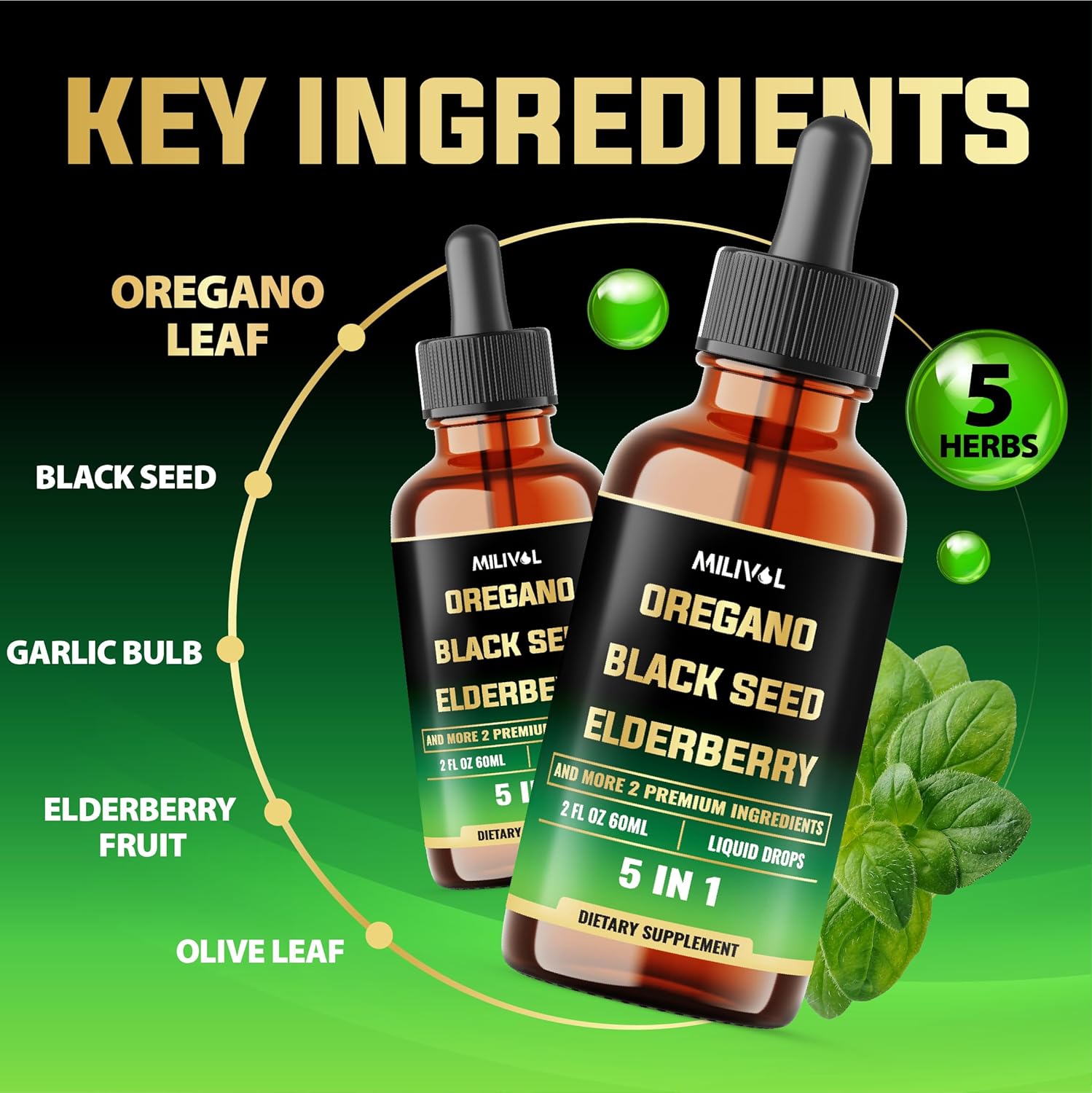 Immune Support Supplement with Oregano Oil, Black Seed, Elderberry, Garlic, Olive Leaf - 2 Fl Oz Liquid Drops
