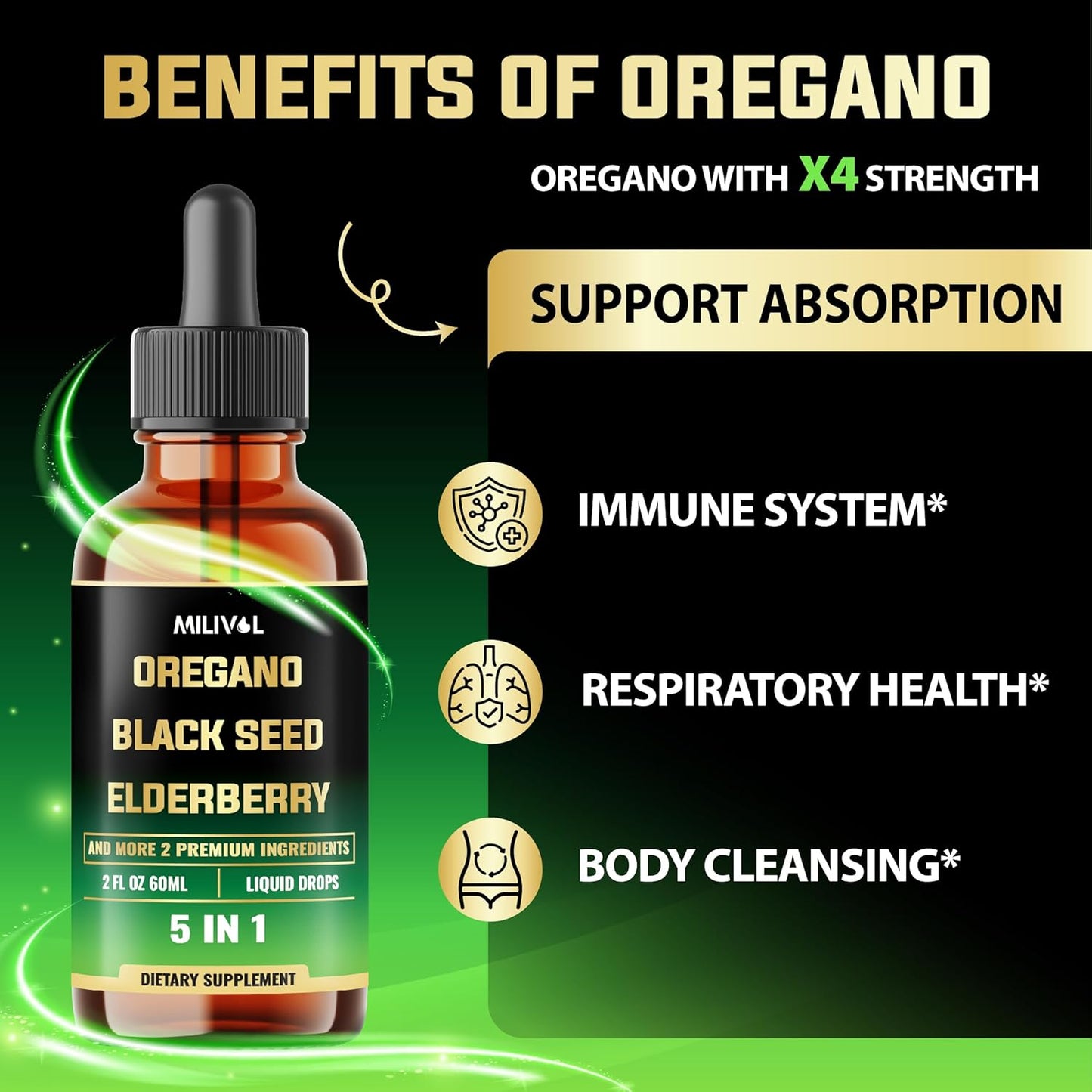 Immune Support Supplement with Oregano Oil, Black Seed, Elderberry, Garlic, Olive Leaf - 2 Fl Oz Liquid Drops