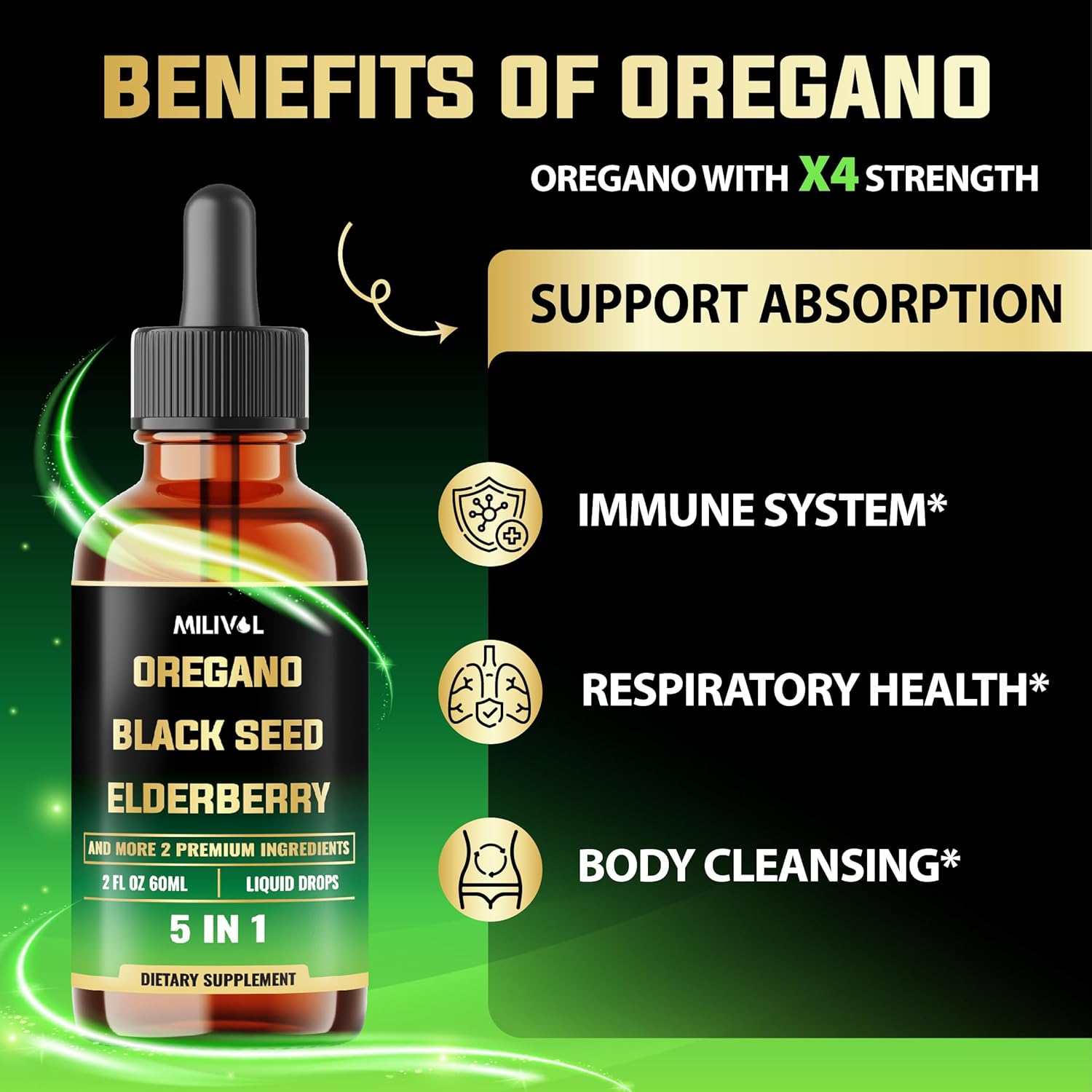 Immune Support Supplement with Oregano Oil, Black Seed, Elderberry, Garlic, Olive Leaf - 2 Fl Oz Liquid Drops