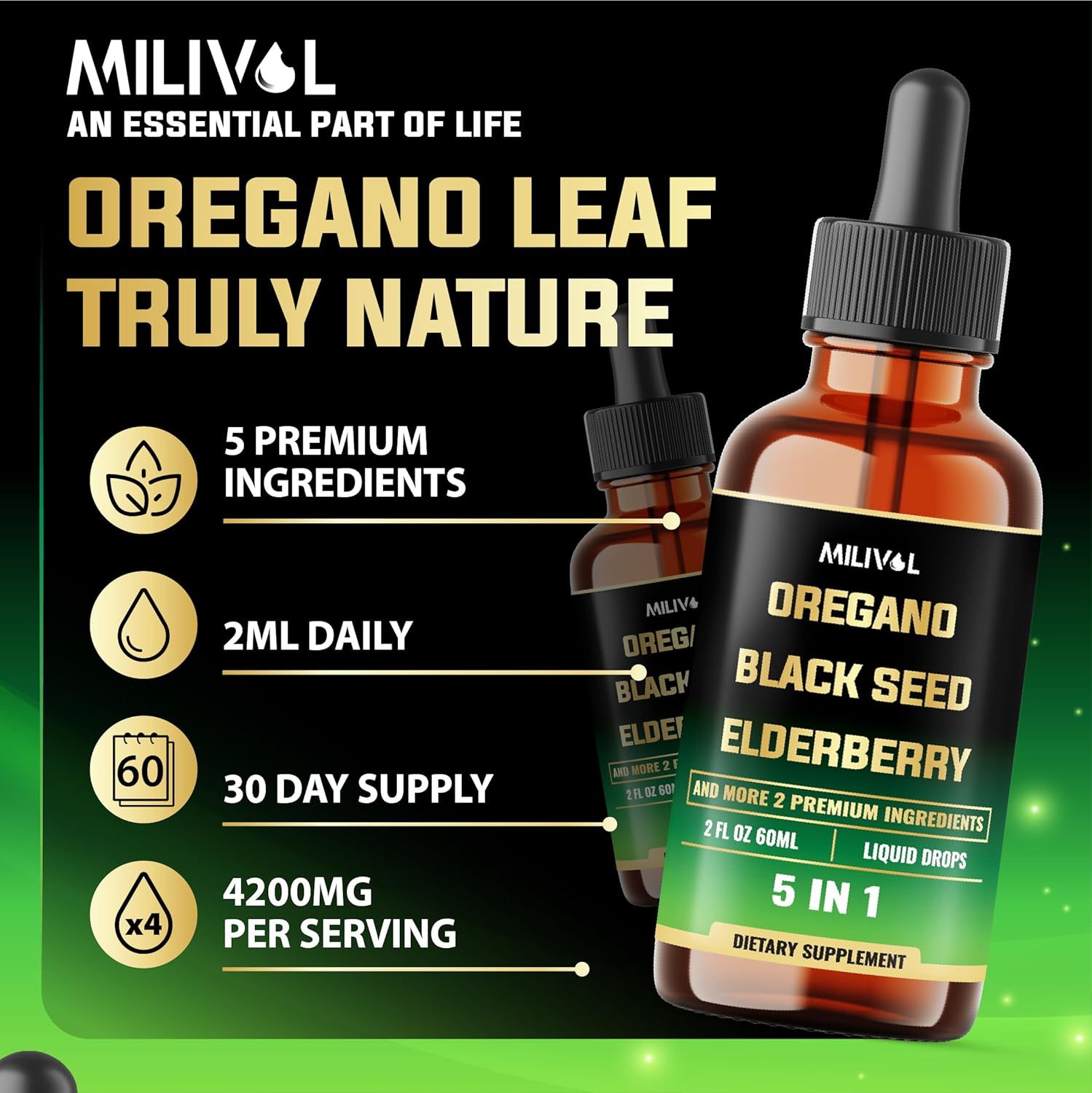 Immune Support Supplement with Oregano Oil, Black Seed, Elderberry, Garlic, Olive Leaf - 2 Fl Oz Liquid Drops