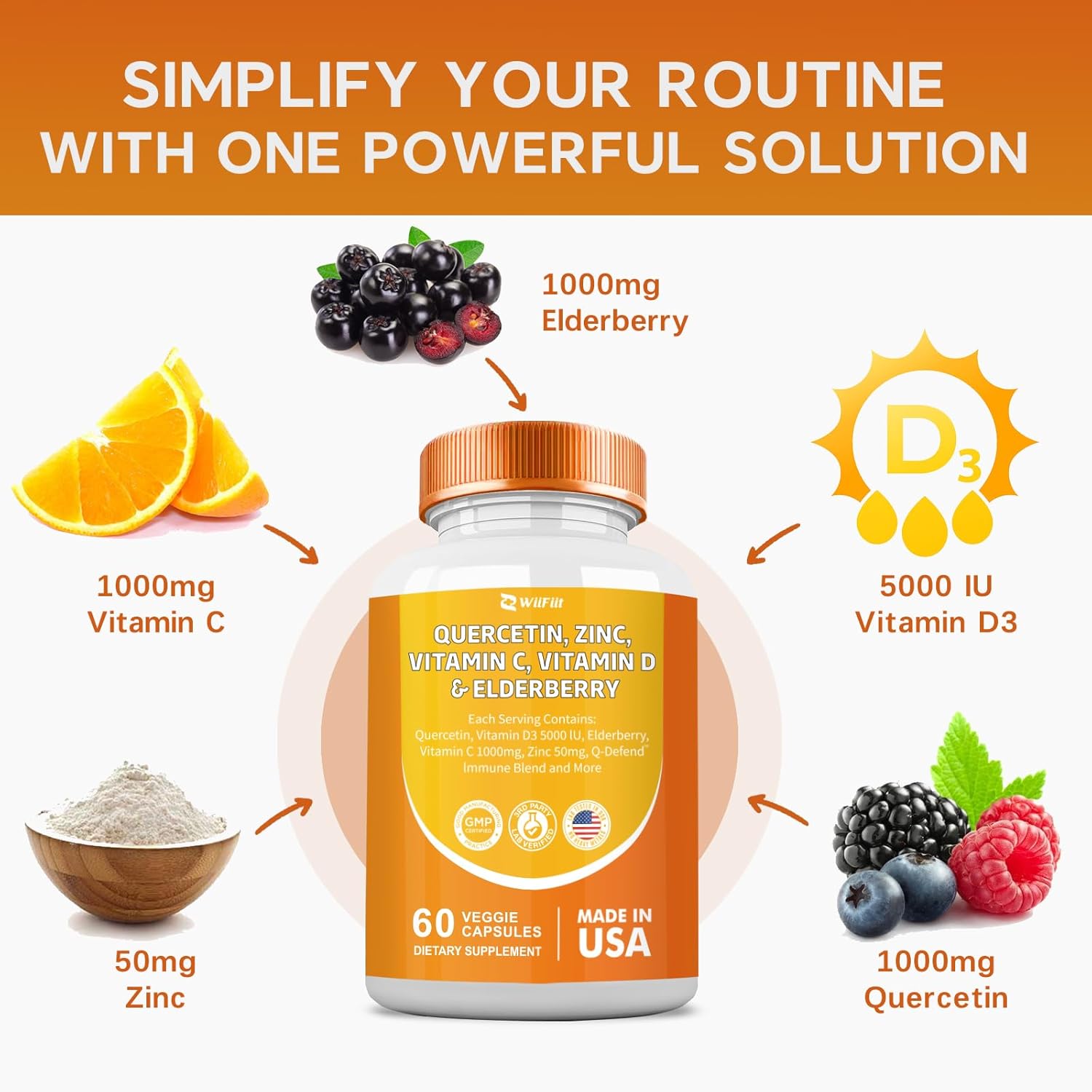 Immune Support Supplement with Quercetin, Zinc, Vitamin C, D3, Turmeric, Elderberry, Reishi, Nettle, Artemisinin - 60 Capsules