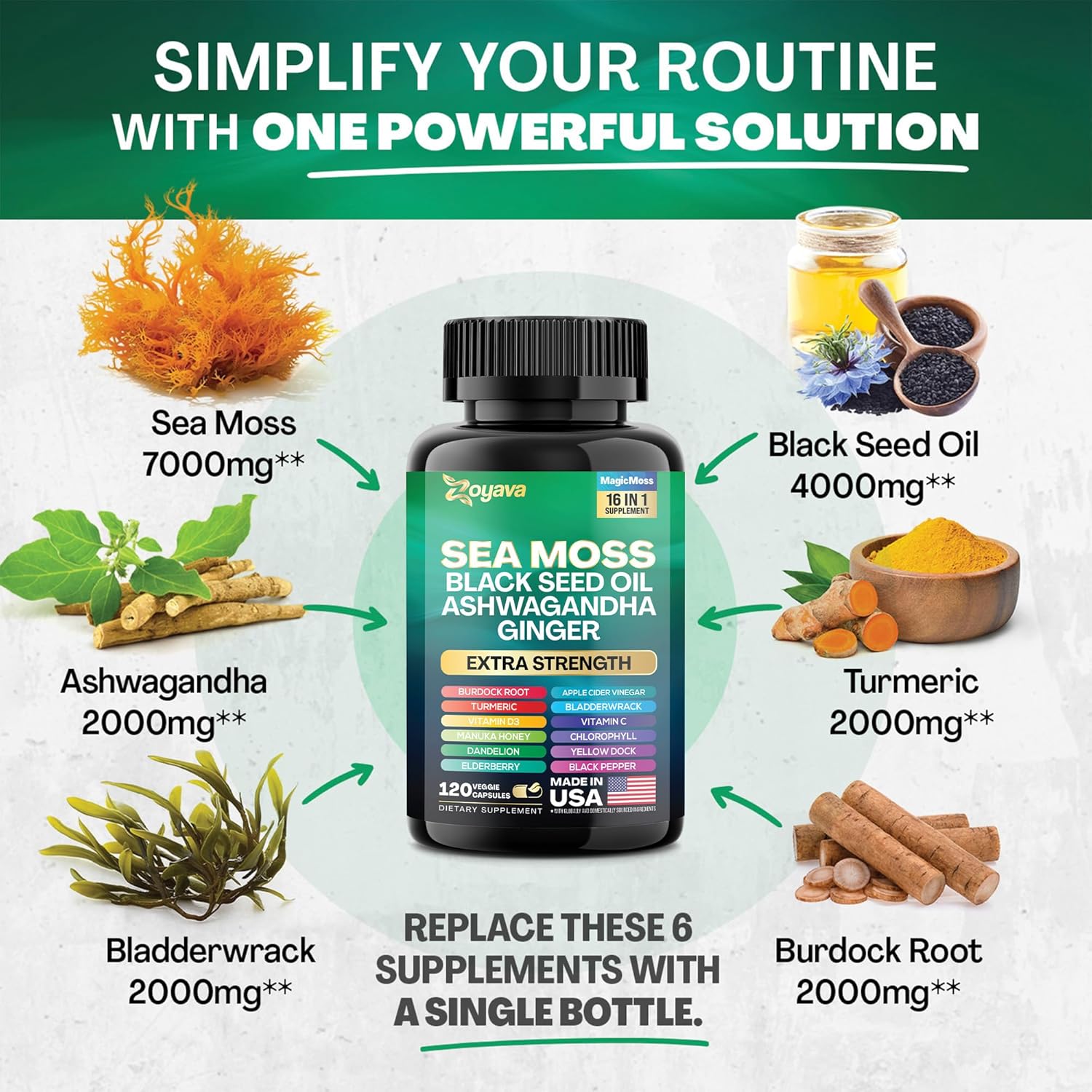 Immune Support Supplement with Sea Moss, Black Seed Oil, Ashwagandha, Turmeric, and Vitamin C - 120 Capsules