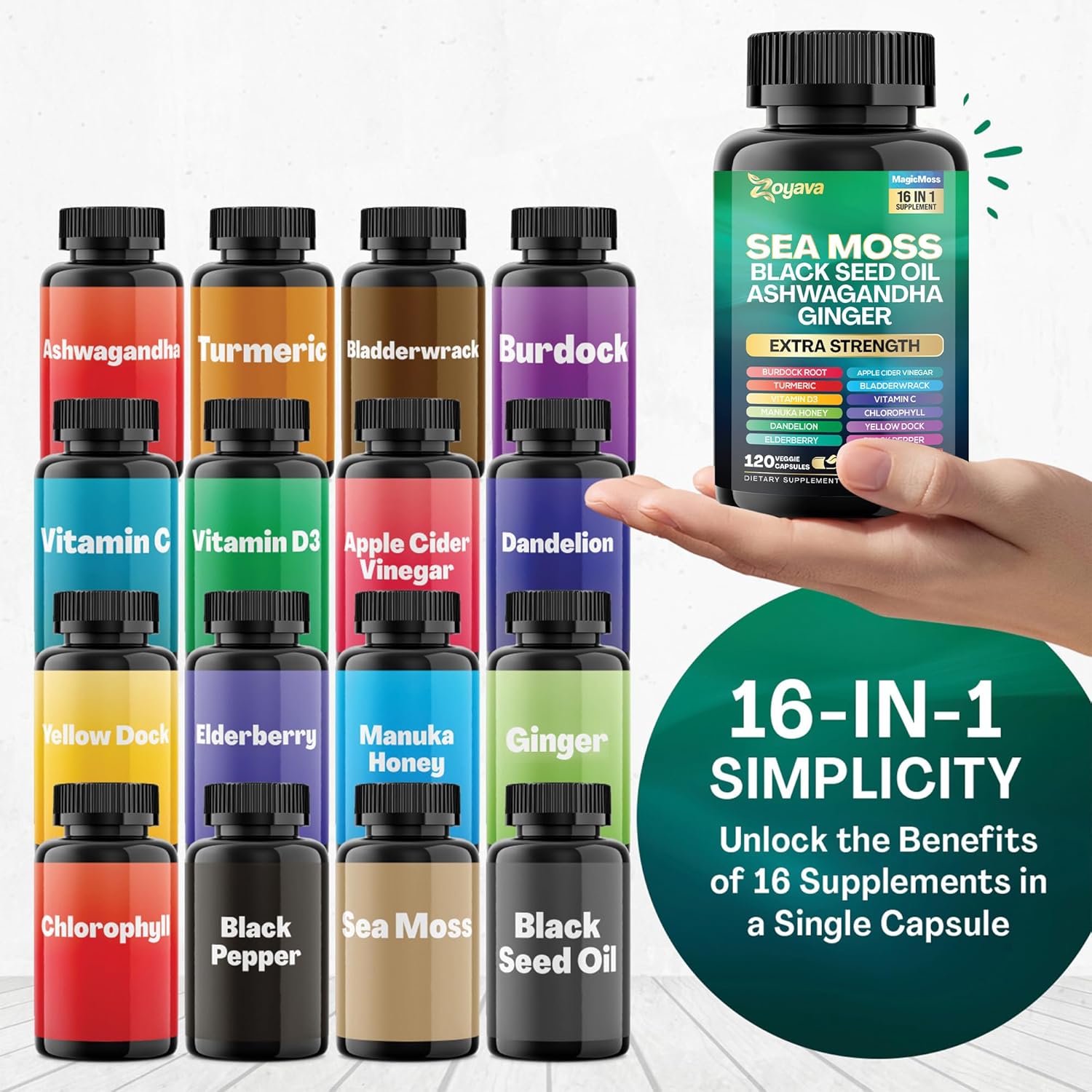 Immune Support Supplement with Sea Moss, Black Seed Oil, Ashwagandha, Turmeric, and Vitamin C - 120 Capsules