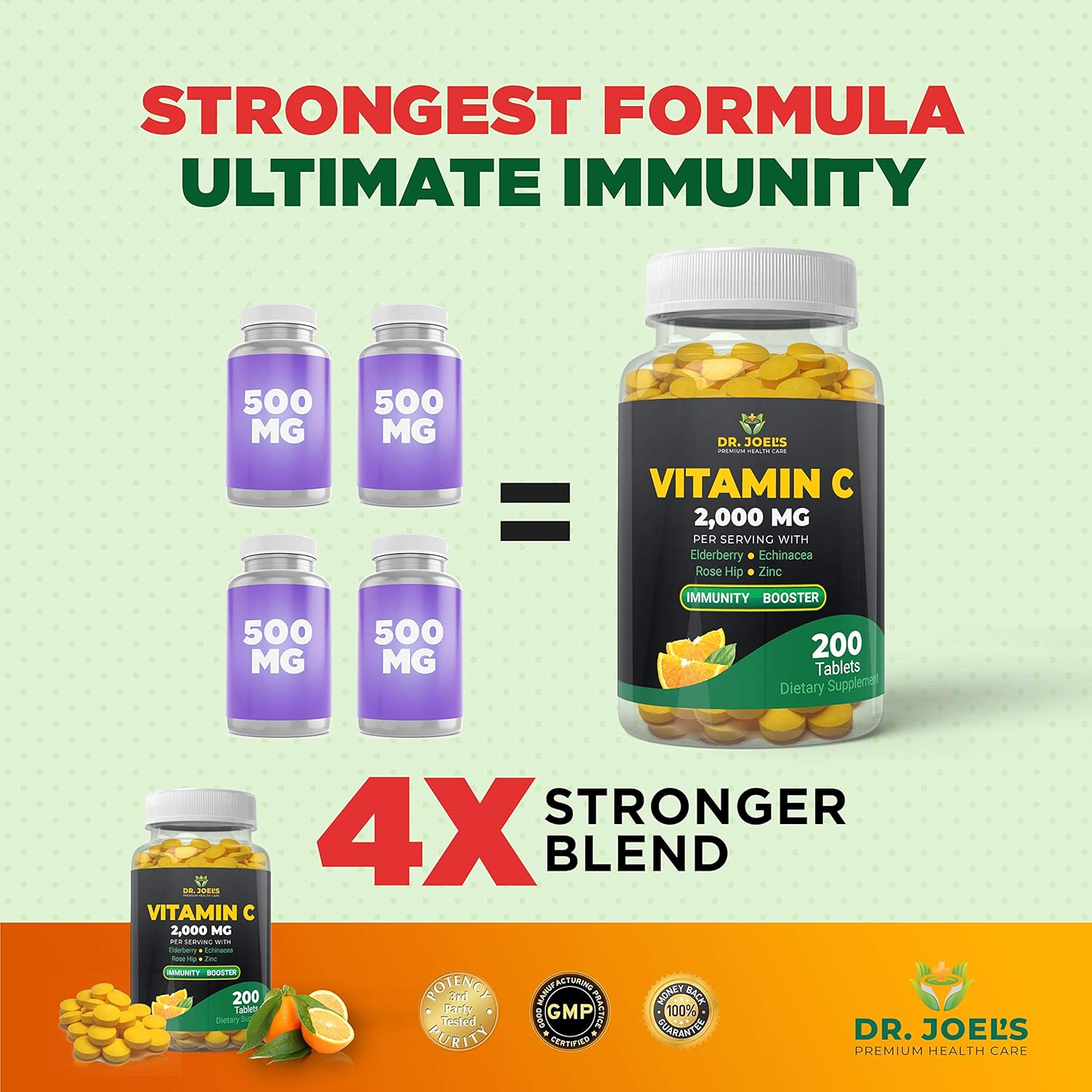 Immune Support Vitamin C 2000 mg with Zinc, Elderberry, Rose Hip, Echinacea - 200 Tablets - Boosts Immune System - Made in USA by Dr. JOEL.