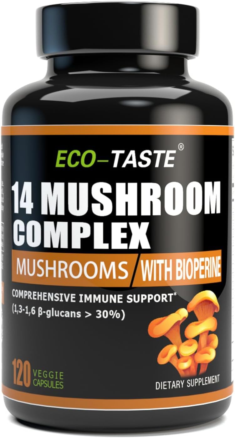 Immune System Booster & Brain Supplement - 14 Mushroom Capsules with Lion’s Mane, Reishi, Maitake, Turkey Tail, Chaga, Black Pepper - 30% Beta-Glucan for Absorption