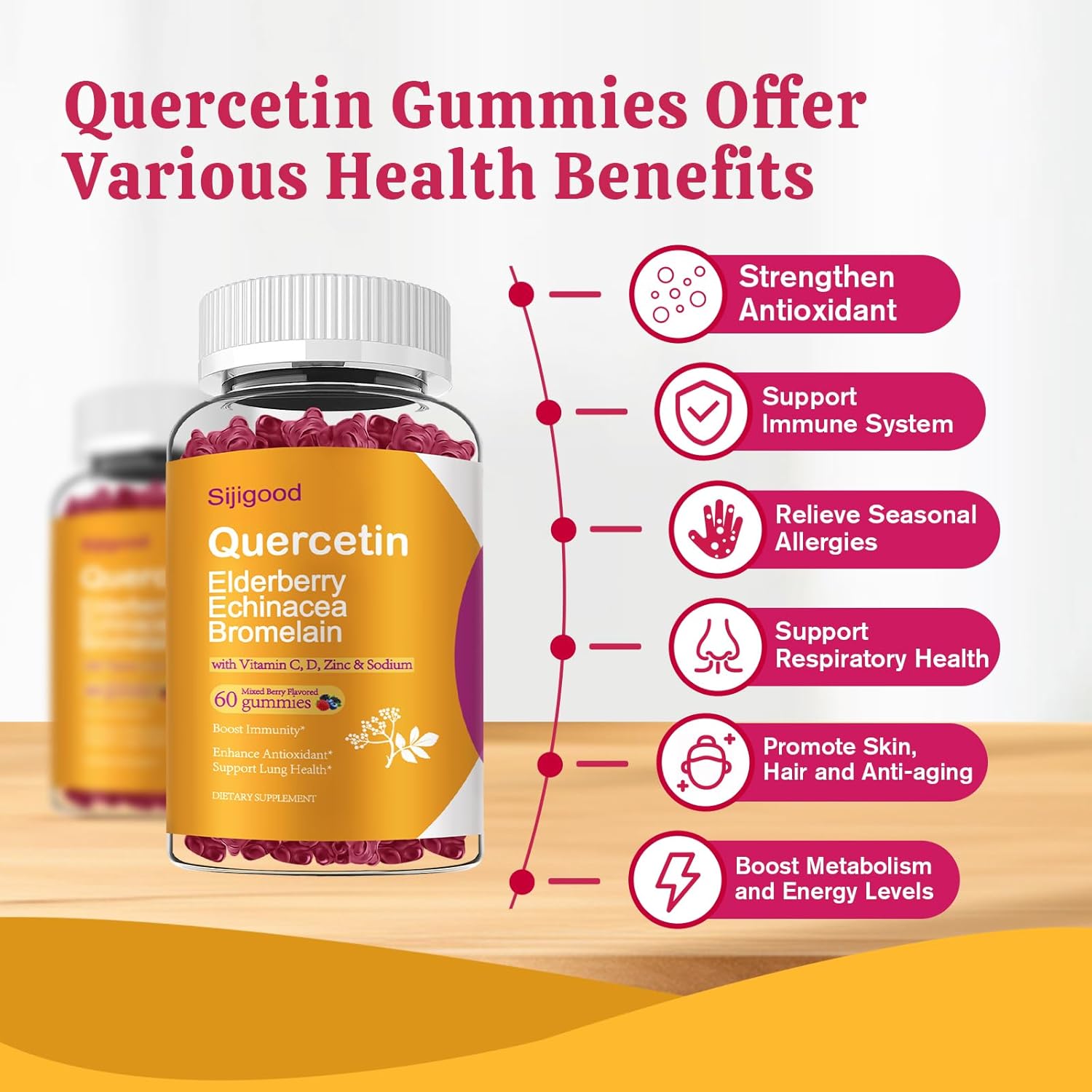 Immune System Support Gummies with Quercetin, Bromelain, Elderberry, Echinacea, Vitamin C, Zinc - 120 Count for Kids & Adults
