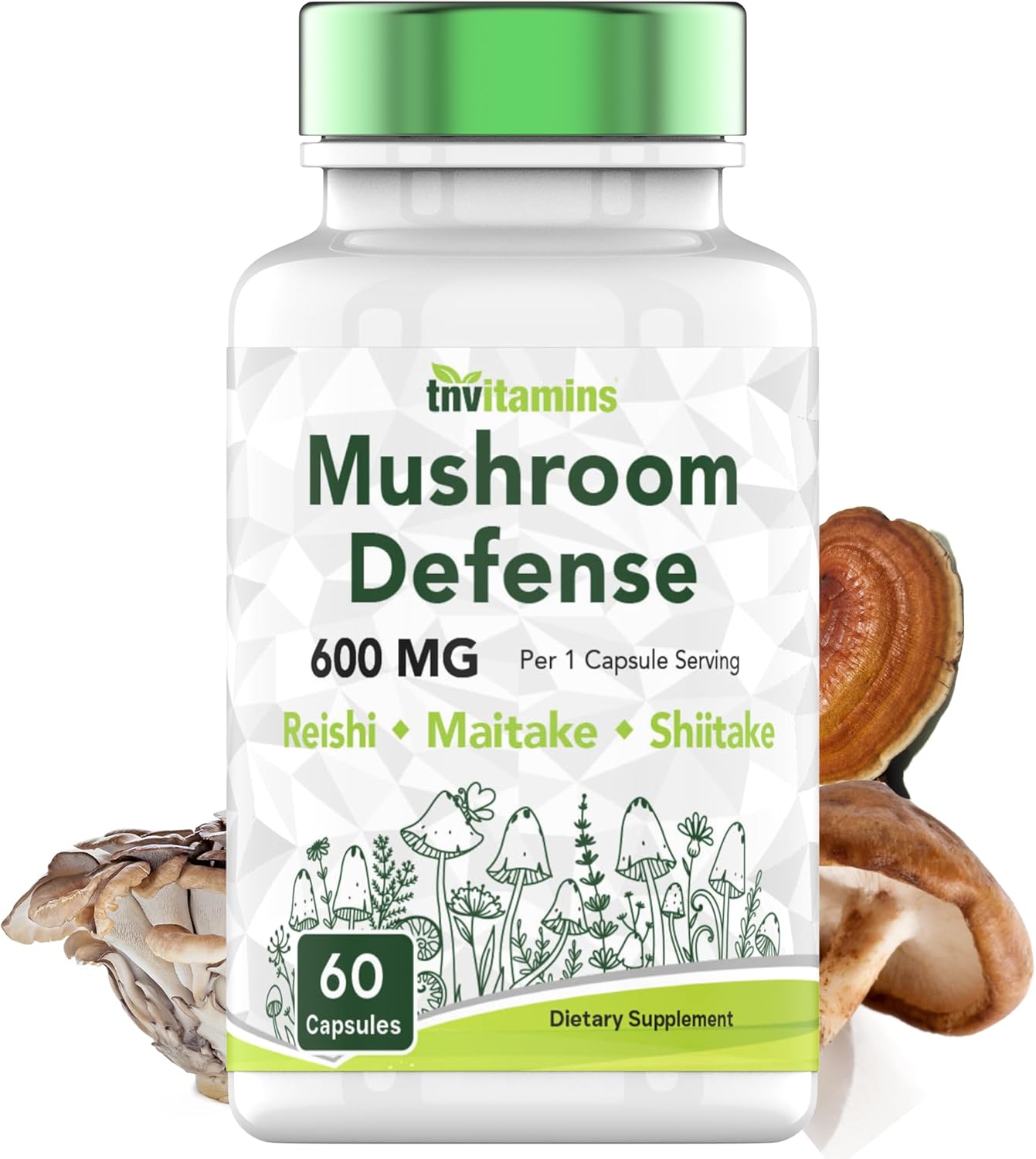 Immune System Support Supplement with Reishi, Maitake, & Shiitake Mushrooms | 60 Capsules x 600 MG | Mushroom Defense Powder Extract