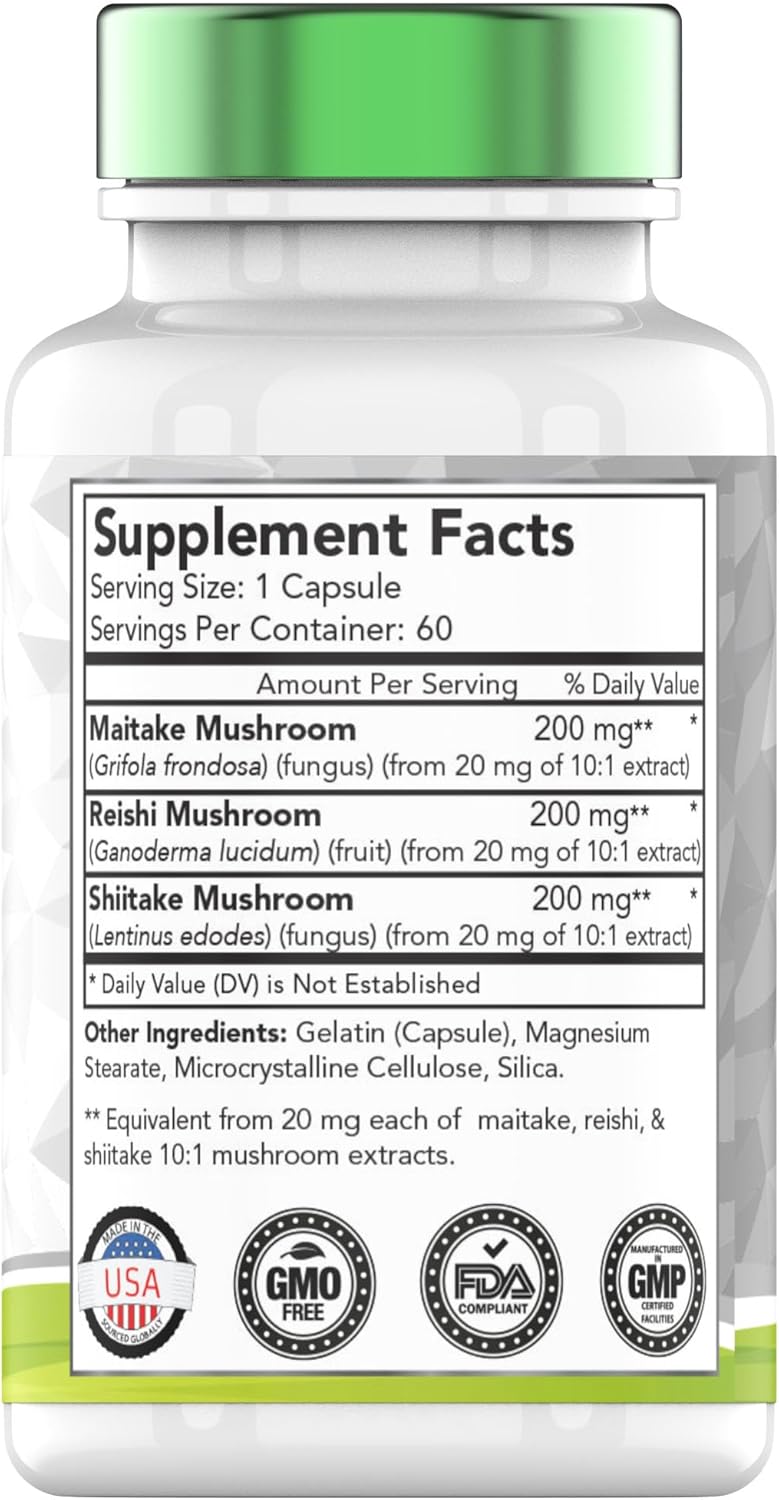 Immune System Support Supplement with Reishi, Maitake, & Shiitake Mushrooms | 60 Capsules x 600 MG | Mushroom Defense Powder Extract