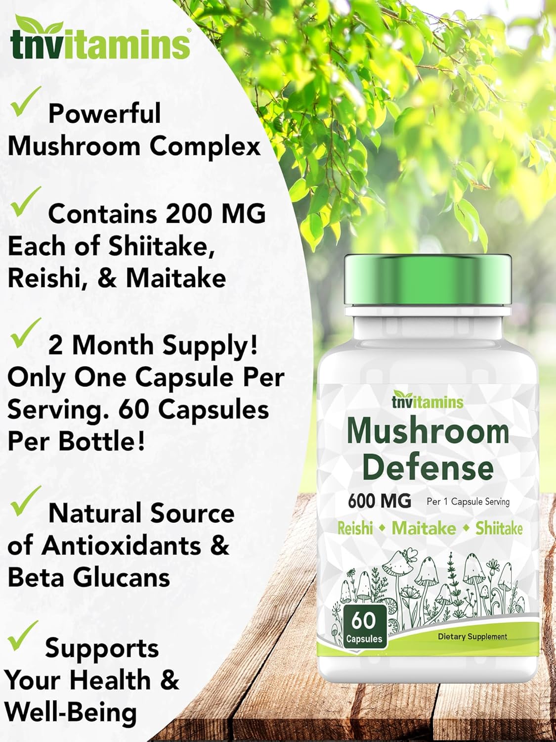 Immune System Support Supplement with Reishi, Maitake, & Shiitake Mushrooms | 60 Capsules x 600 MG | Mushroom Defense Powder Extract
