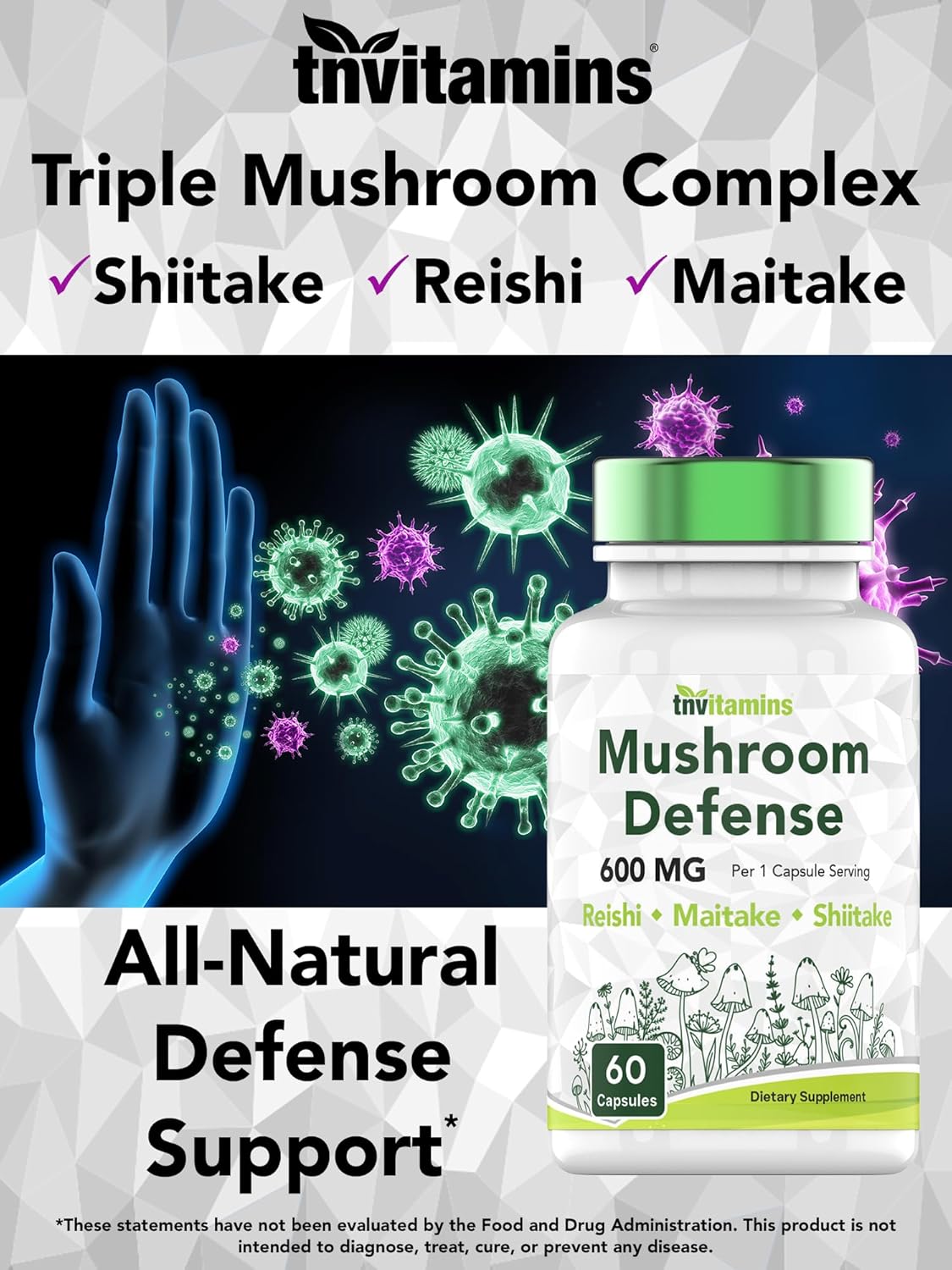 Immune System Support Supplement with Reishi, Maitake, & Shiitake Mushrooms | 60 Capsules x 600 MG | Mushroom Defense Powder Extract