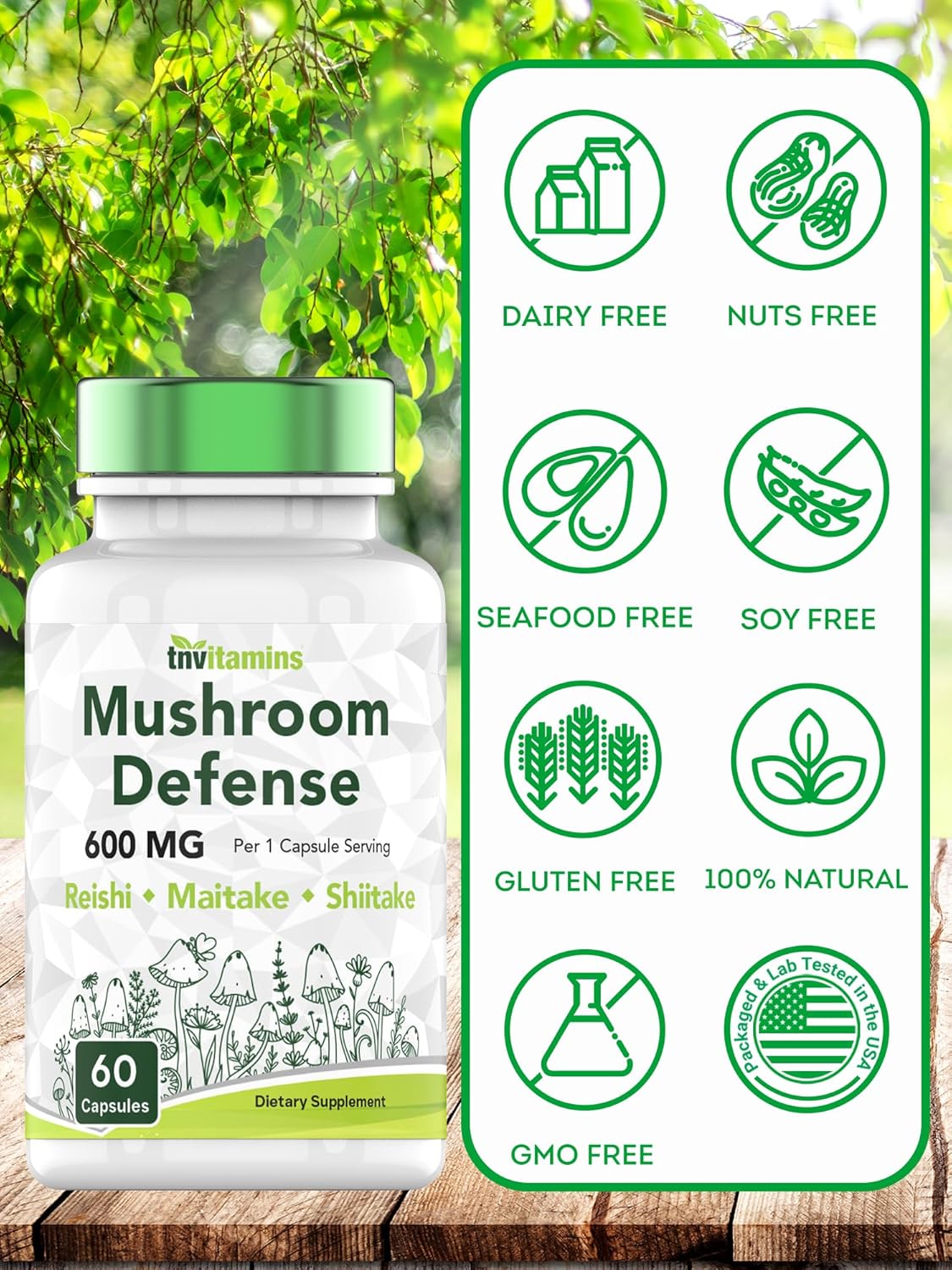 Immune System Support Supplement with Reishi, Maitake, & Shiitake Mushrooms | 60 Capsules x 600 MG | Mushroom Defense Powder Extract