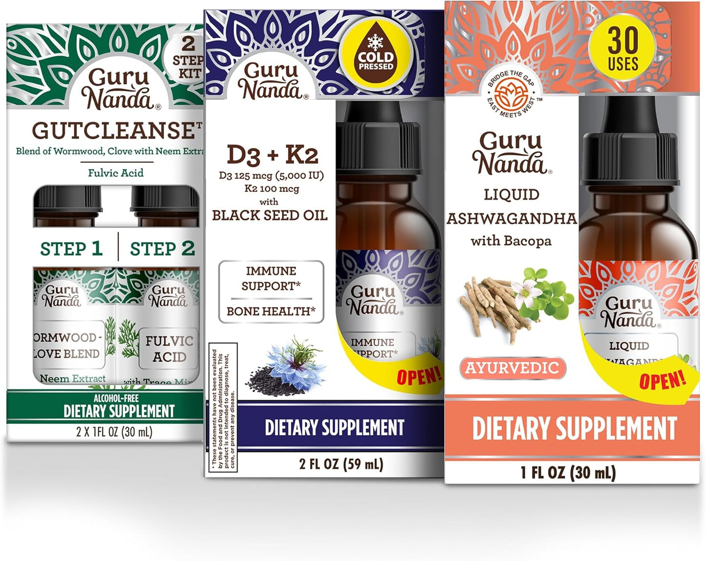 Immunity and Mind Care Boost with GuruNanda Liquid Ashwagandha, Black Seed Oil & GutCleanse