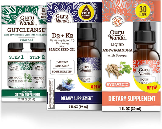 Immunity and Mind Care Boost with GuruNanda Liquid Ashwagandha, Black Seed Oil & GutCleanse