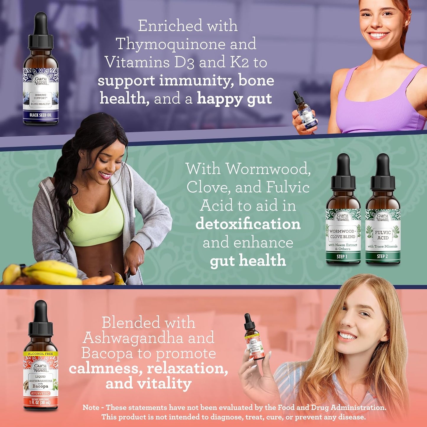 Immunity and Mind Care Boost with GuruNanda Liquid Ashwagandha, Black Seed Oil & GutCleanse