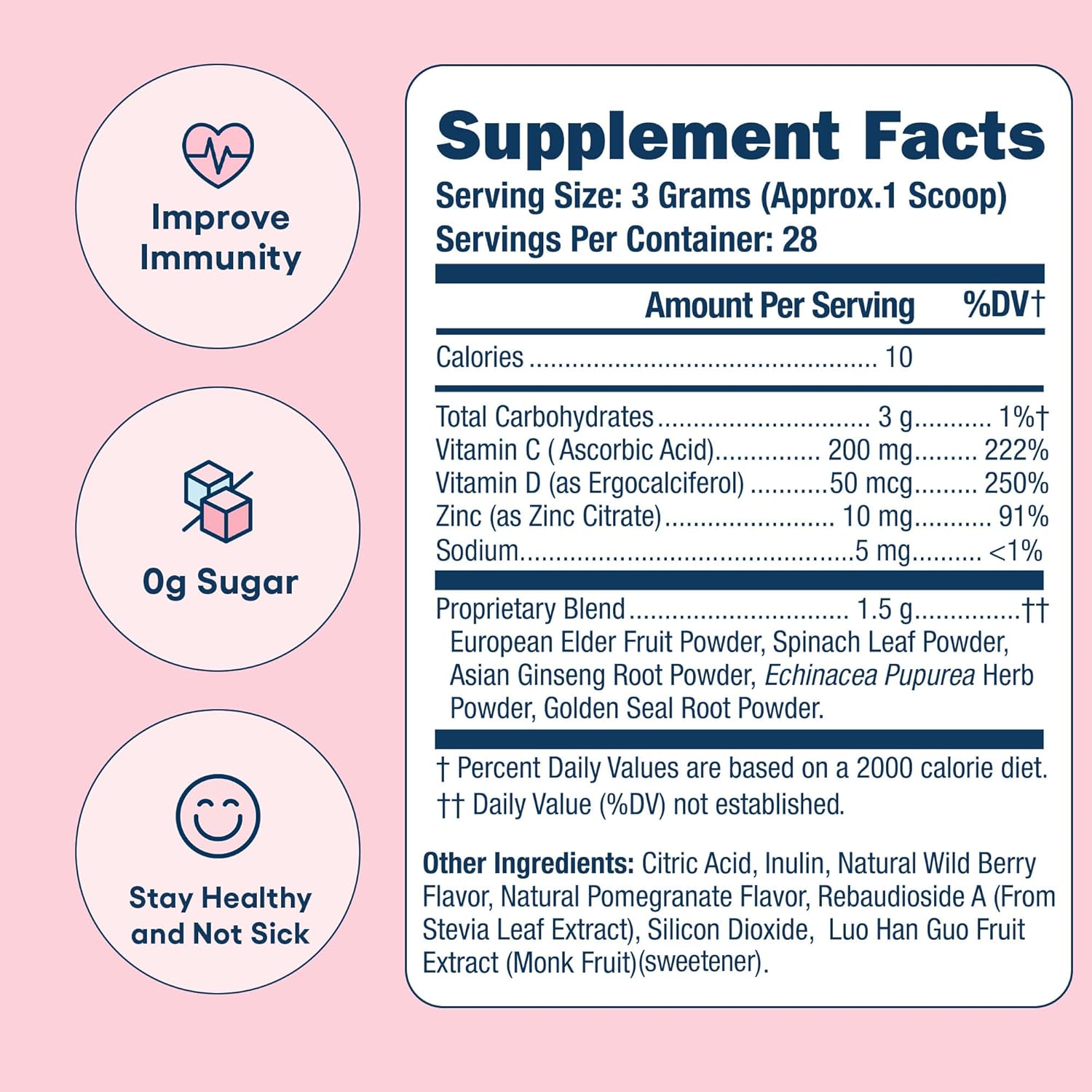 Immunity Boost Powder - Wing Woman Berry Pomegranate - Vegan, No Sugar, Gluten Free, Non-GMO - 28 Servings