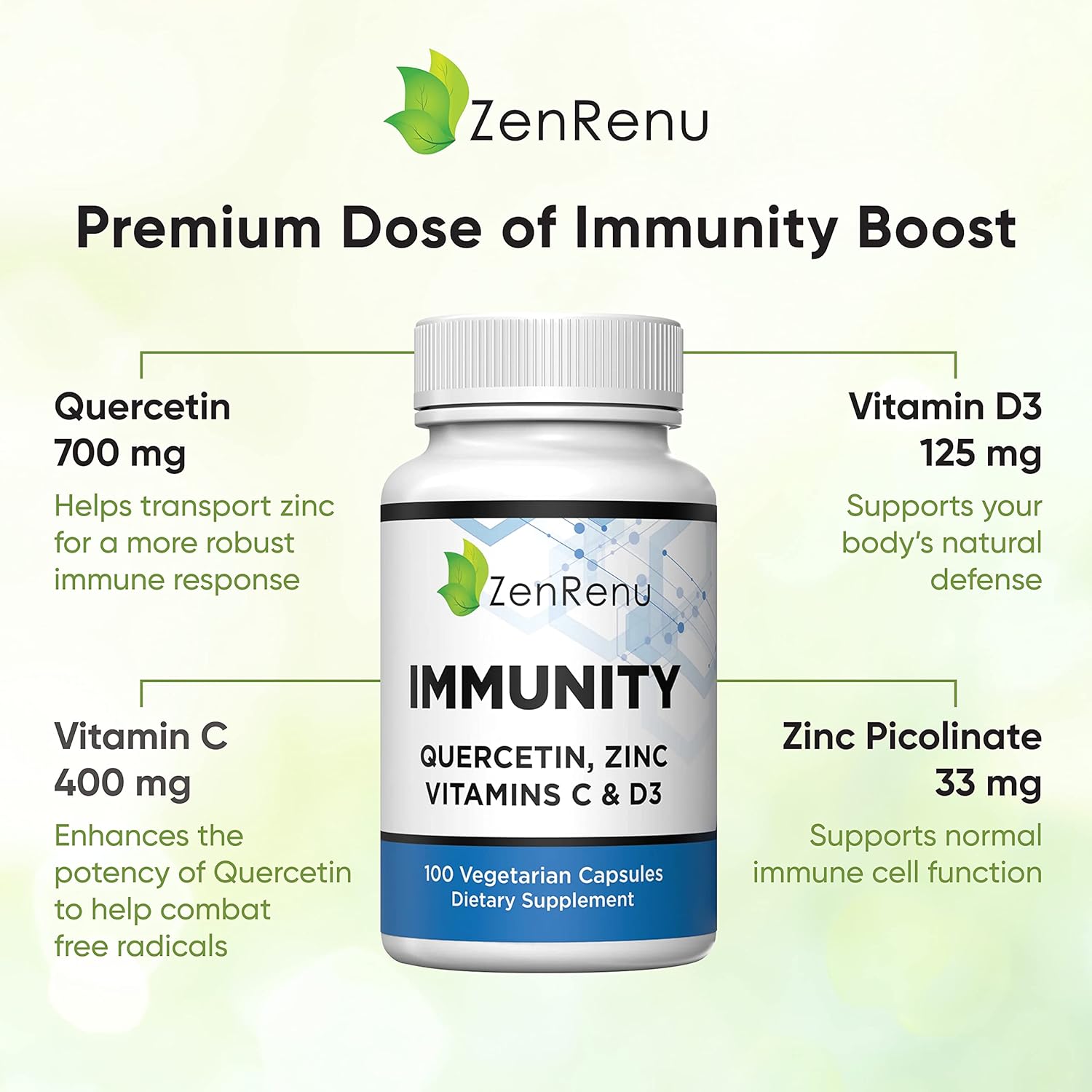 Immunity Booster: Zenrenu Quercetin 700mg Supplement with Zinc, Vitamin C, D, and Curcumin - 100 Vegetarian Capsules