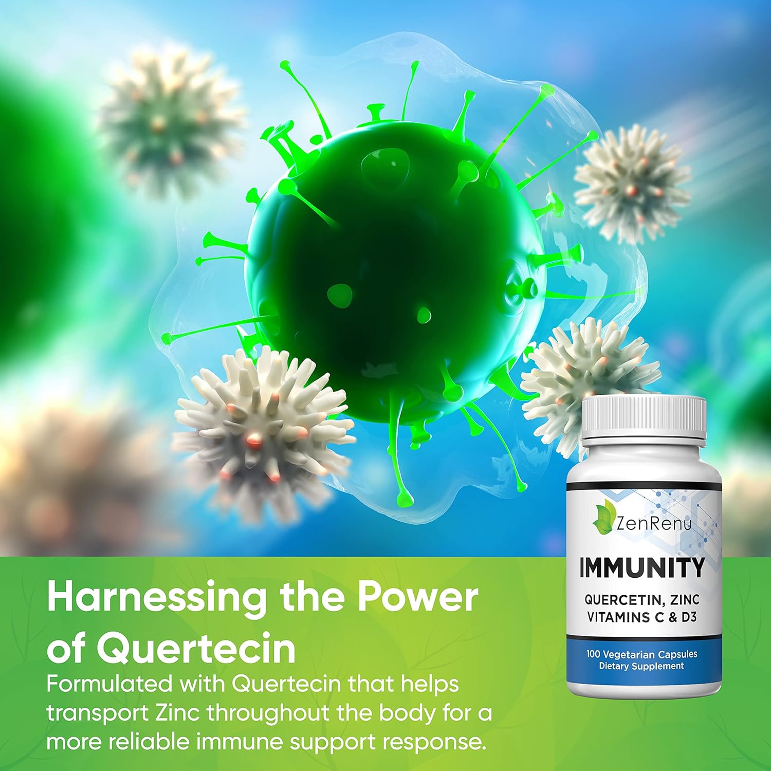 Immunity Booster: Zenrenu Quercetin 700mg Supplement with Zinc, Vitamin C, D, and Curcumin - 100 Vegetarian Capsules