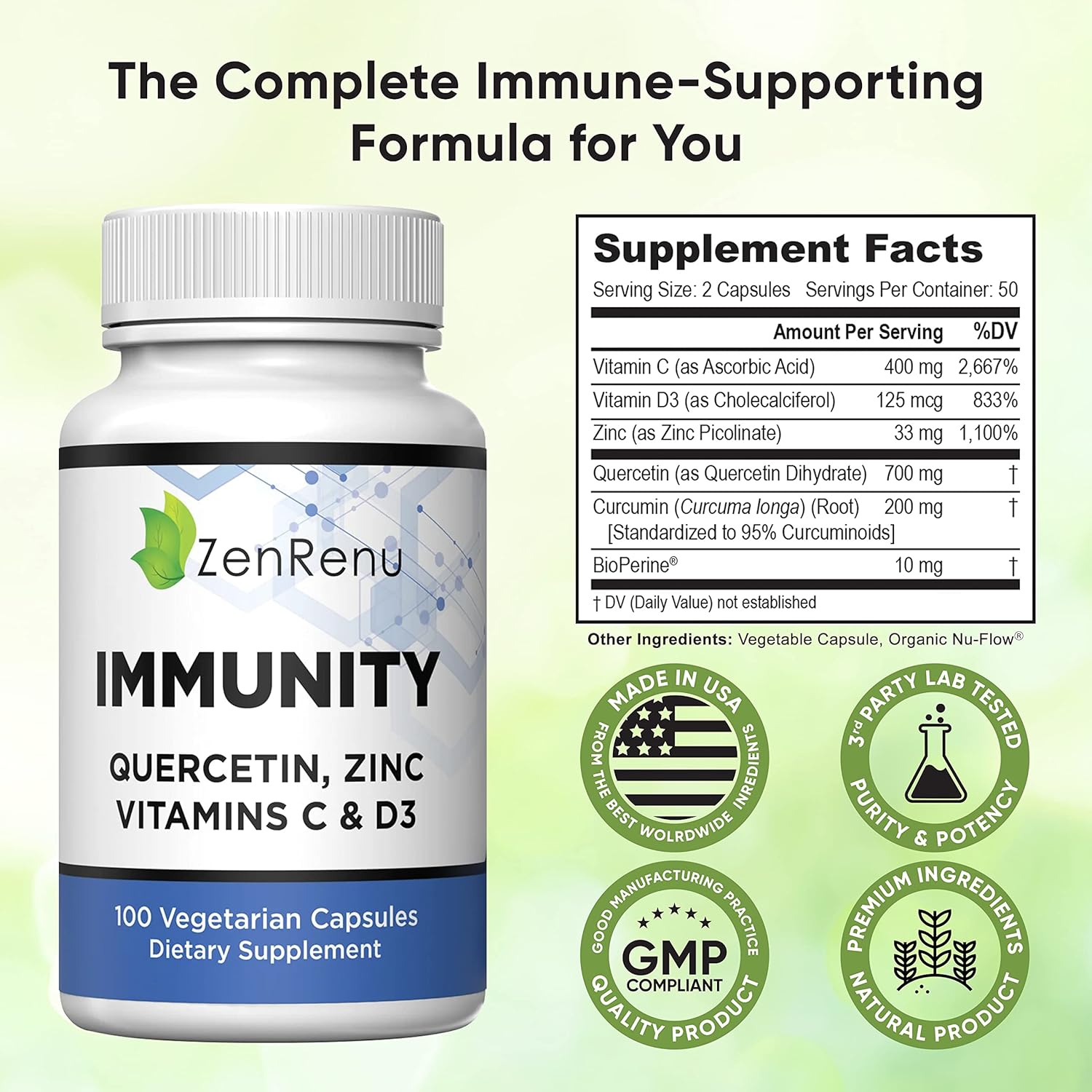 Immunity Booster: Zenrenu Quercetin 700mg Supplement with Zinc, Vitamin C, D, and Curcumin - 100 Vegetarian Capsules