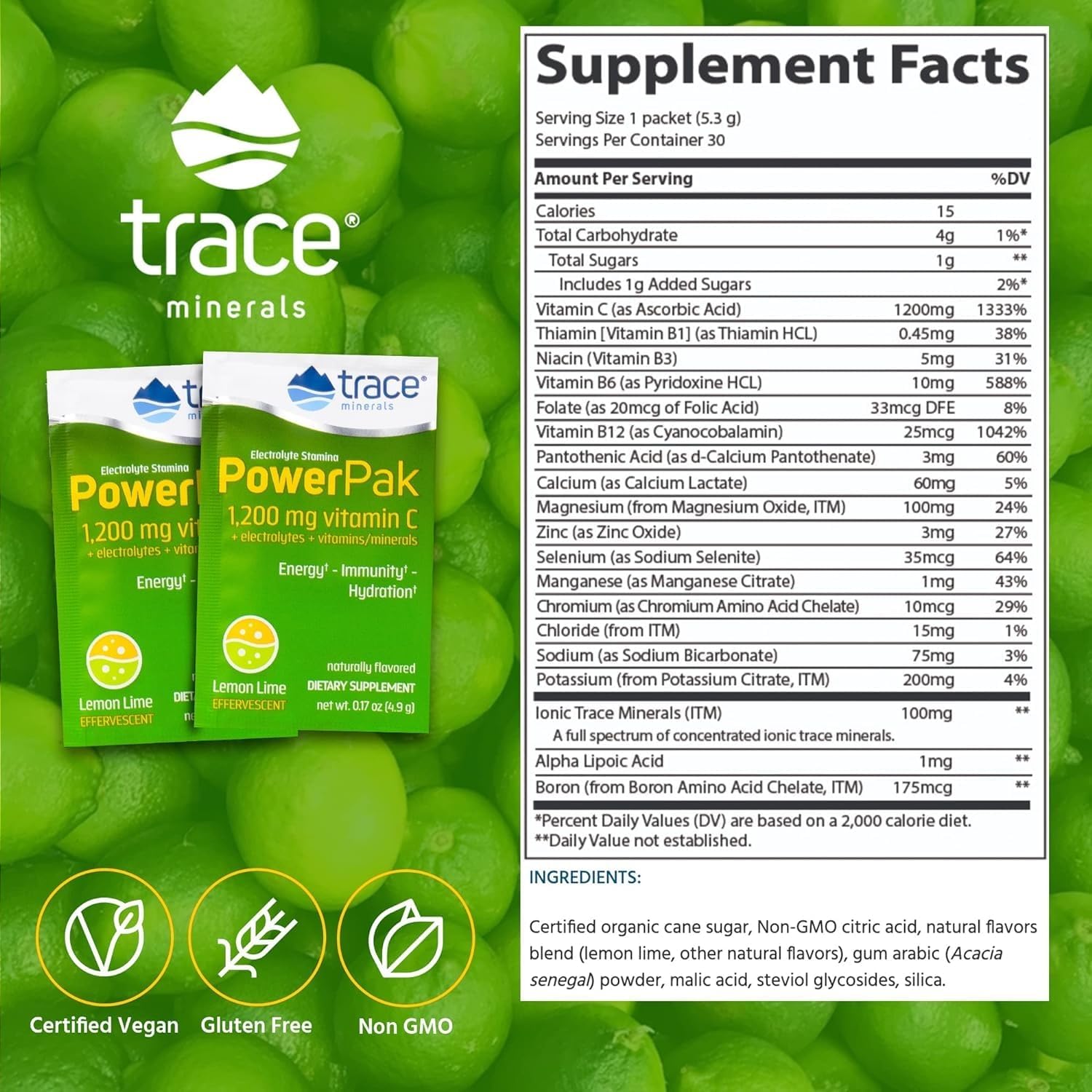 Immunity Boosting Electrolyte Powder Packets with Trace Minerals - Lemon Lime Flavor - 30 Packets - Vitamin C, Zinc, Magnesium - Hydration and Energy Support