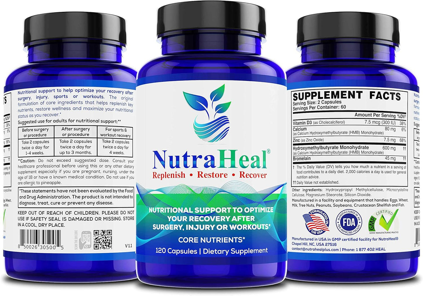 Immunity-Boosting Nutraheal Supplement with Vitamin D3, Calcium HMB, Zinc & Bromelain - 120 Capsules for Post-Surgery Recovery & Sports Injuries