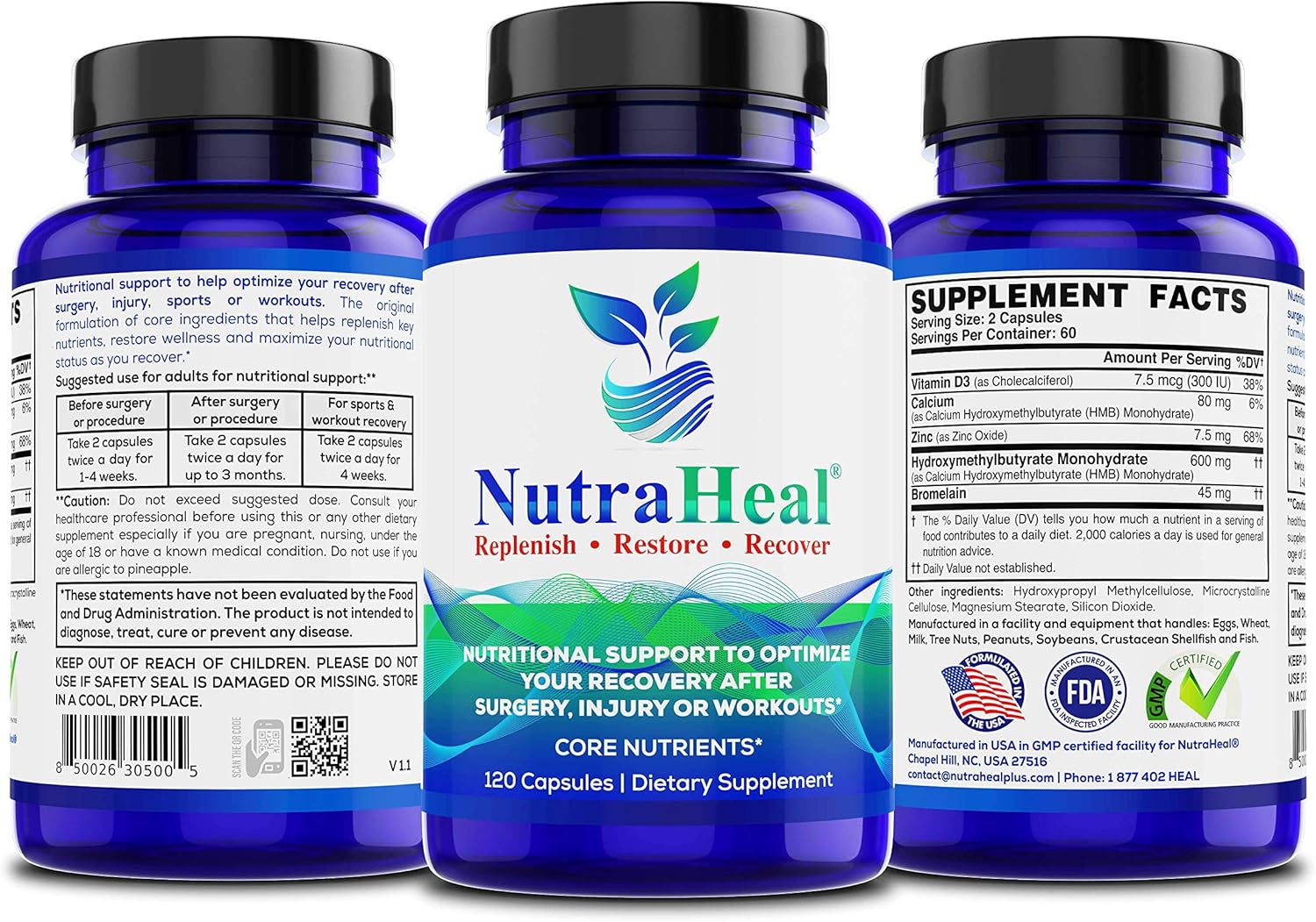 Immunity-Boosting Nutraheal Supplement with Vitamin D3, Calcium HMB, Zinc & Bromelain - 120 Capsules for Post-Surgery Recovery & Sports Injuries