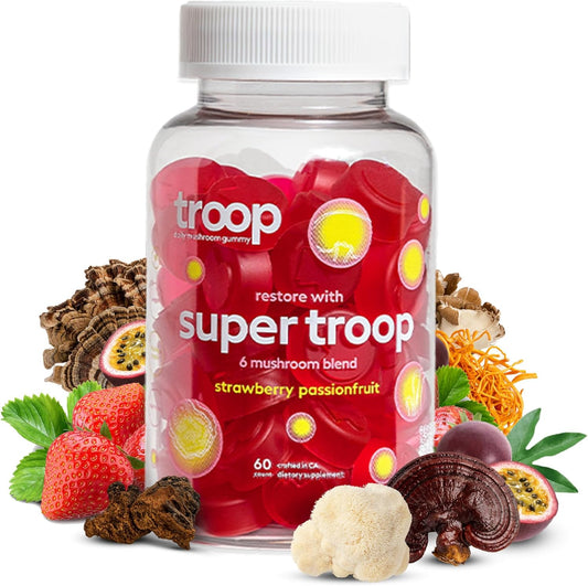 Immunity Boosting Troop Daily Super 6 Mushroom Blend Gummies - Vegan Restorative Supplement for Vitality, Mood, Gut Health, and Energy - 60 Count
