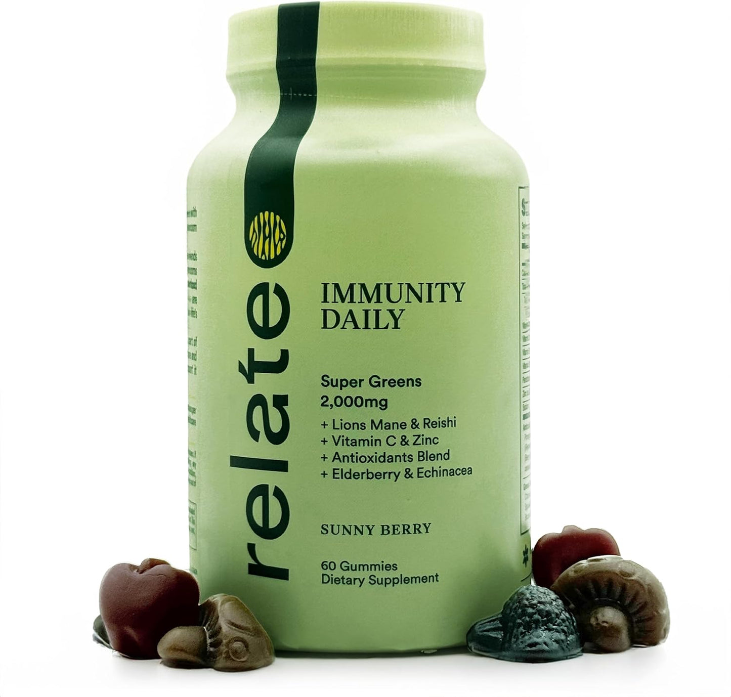 Immunity Daily Gummies - Super Greens, Lion's Mane, Reishi, Vitamin C, Zinc, Antioxidant Blend with Elderberry, Echinacea - Sunny Berry, 60 Count