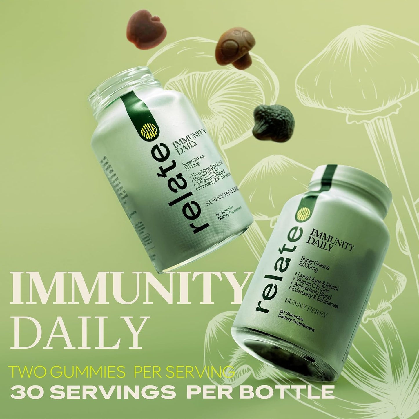 Immunity Daily Gummies - Super Greens, Lion's Mane, Reishi, Vitamin C, Zinc, Antioxidant Blend with Elderberry, Echinacea - Sunny Berry, 60 Count