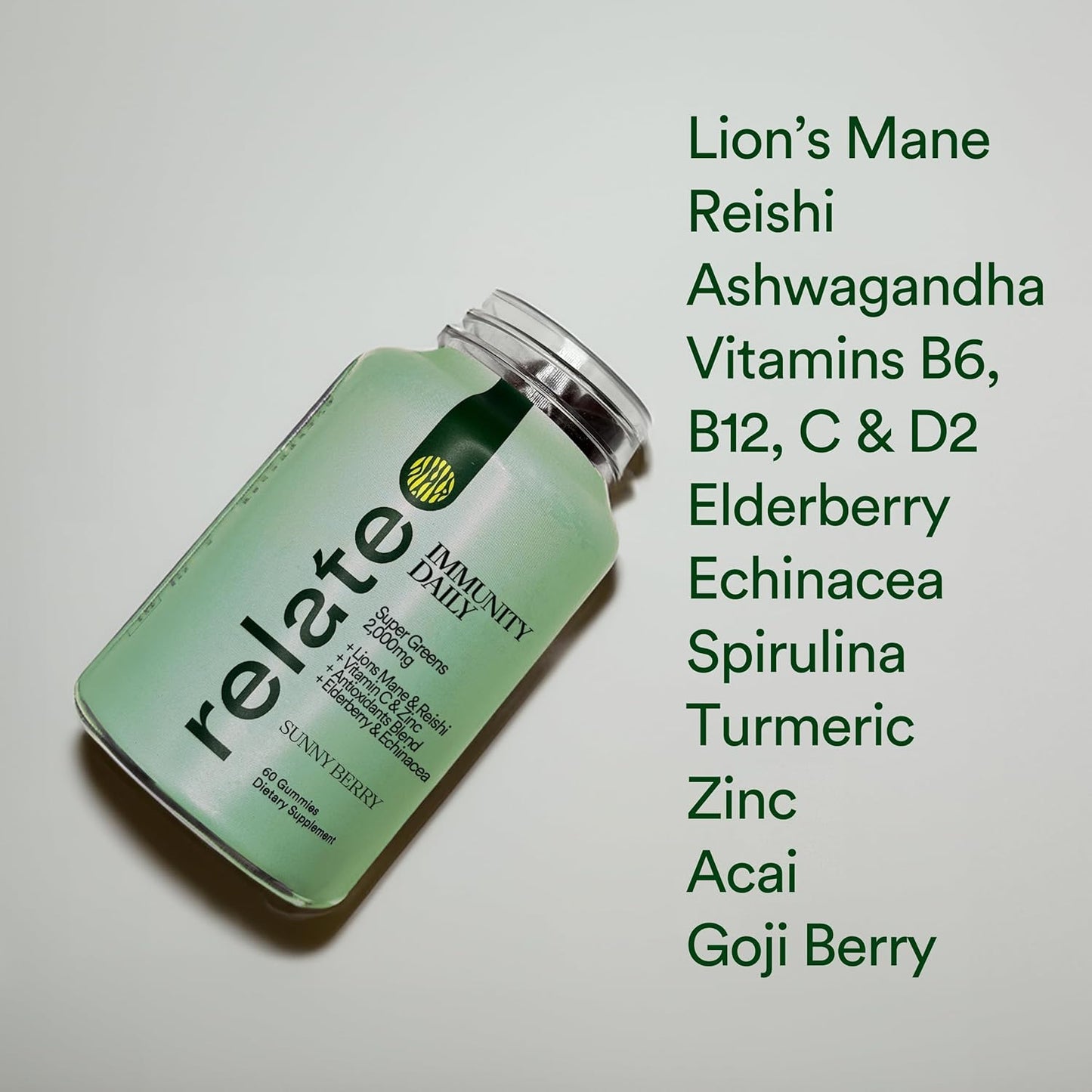 Immunity Daily Gummies - Super Greens, Lion's Mane, Reishi, Vitamin C, Zinc, Antioxidant Blend with Elderberry, Echinacea - Sunny Berry, 60 Count