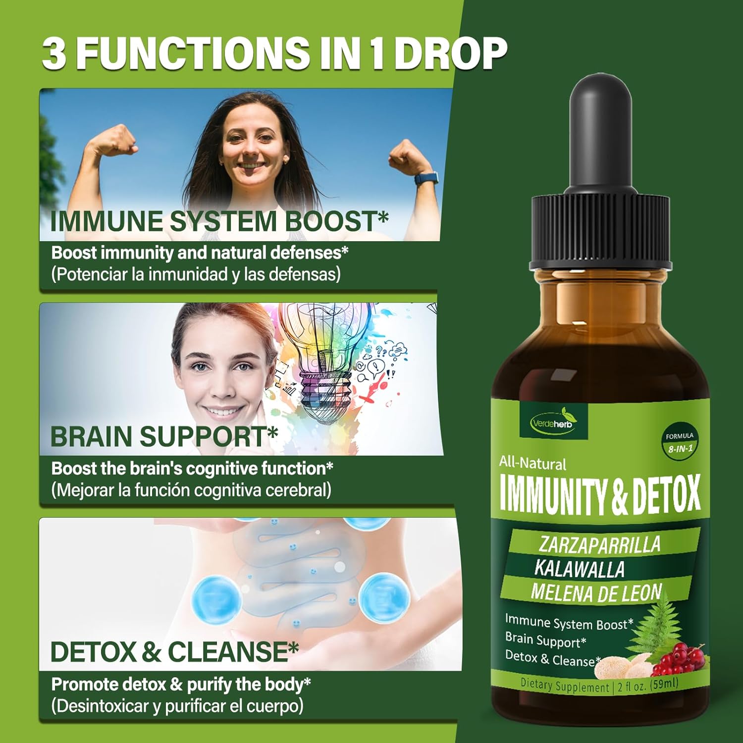 Immunity & Detox Drops with Sarsaparilla, Kalawalla Root, and Lion's Mane - Natural Herbal Support Formula - 2oz