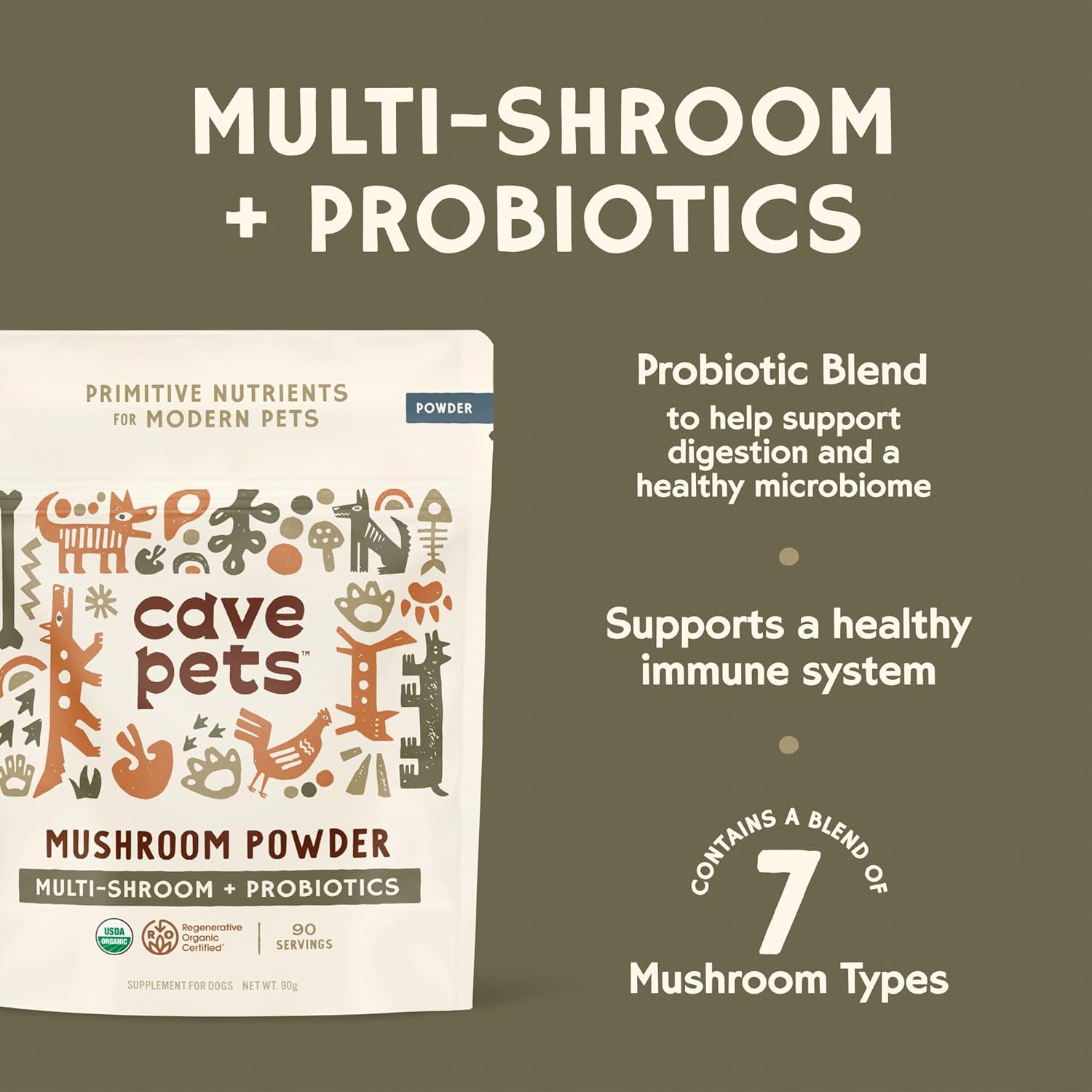 Immunity & Digestive Health Support Dog Probiotic Powder with Multi-Shroom Blend - 90 Servings
