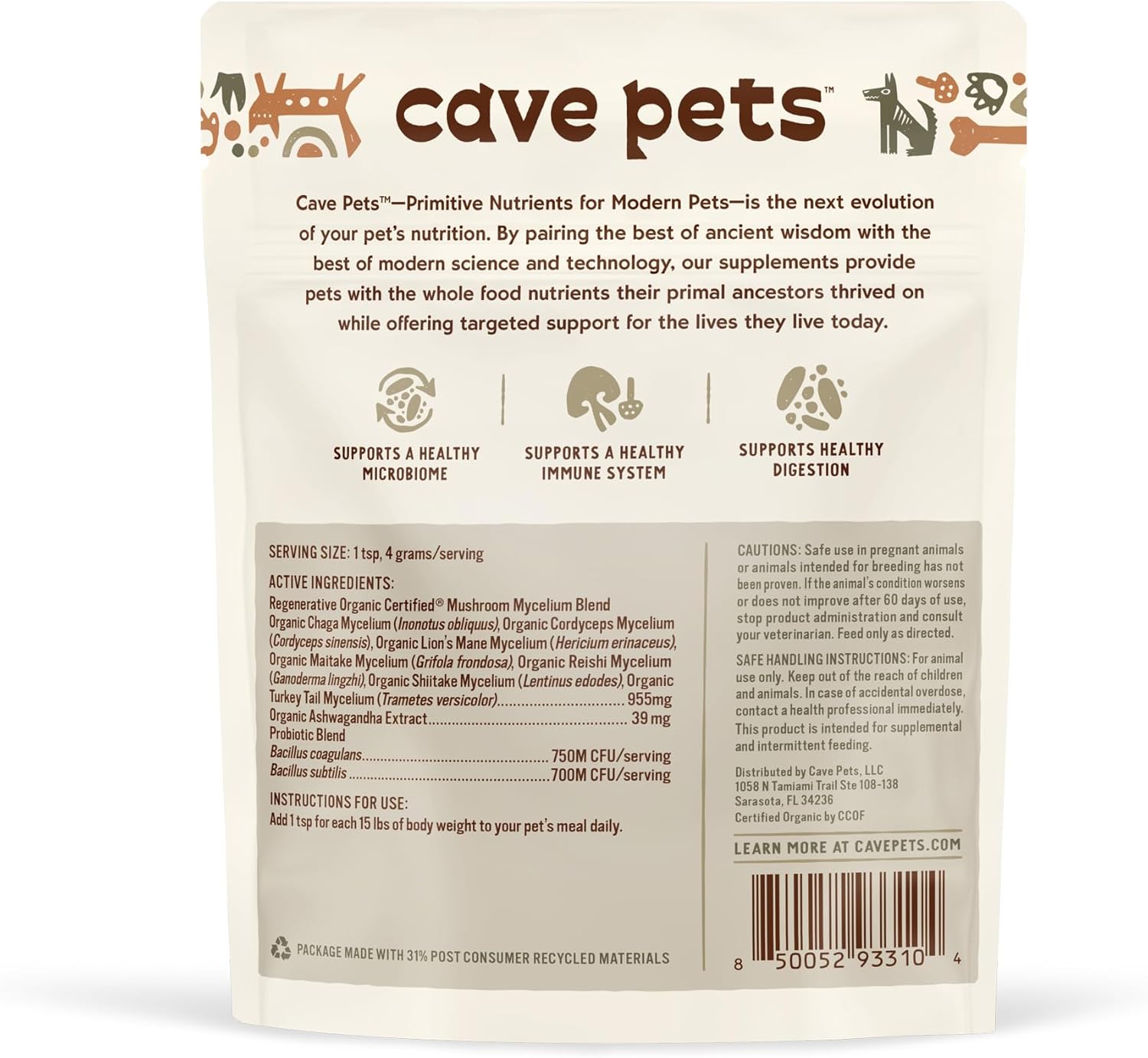 Immunity & Digestive Health Support Dog Probiotic Powder with Multi-Shroom Blend - 90 Servings