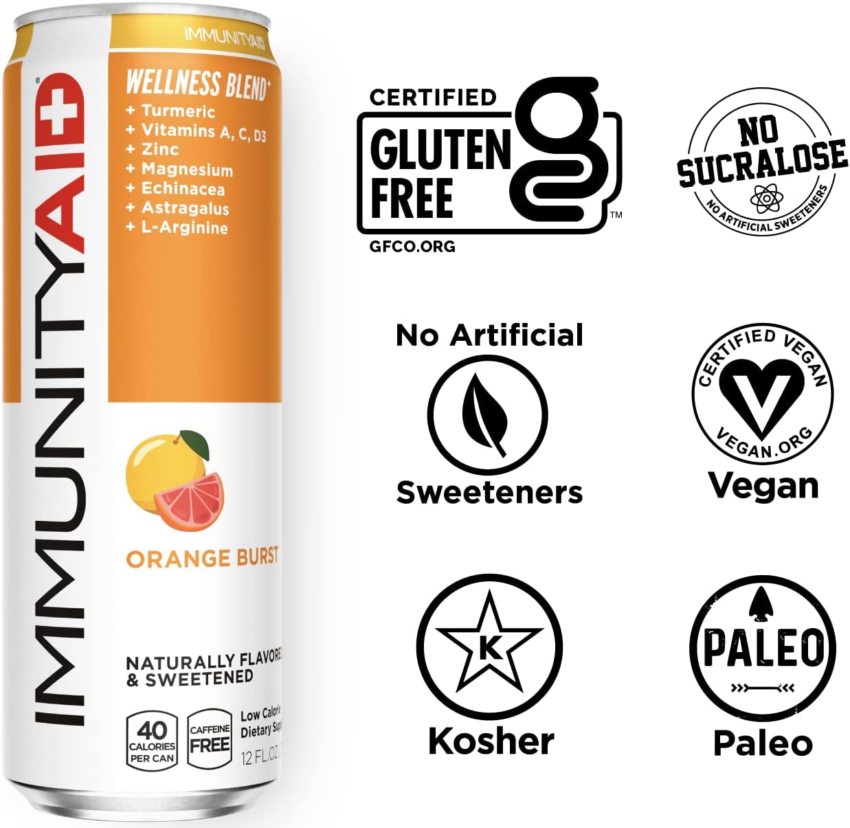 IMMUNITYAID Wellness Blend: Echinacea, Zinc, Astragalus, Vitamin C, Vegan, Gluten-Free, 45 Cal, 12oz cans