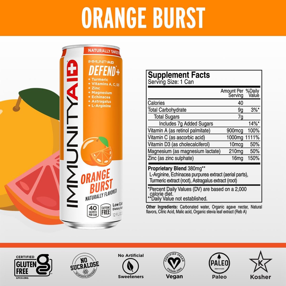 IMMUNITYAID Wellness Blend: Echinacea, Zinc, Astragalus, Vitamin C, Vegan, Gluten-Free, 45 Cal, 12oz cans